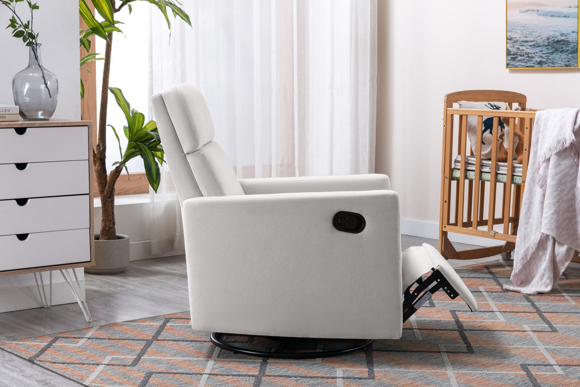 Modern Upholstered Rocker Nursery Chair Plush Seating Glider Swivel Recliner Chair, Beige Beige Linen