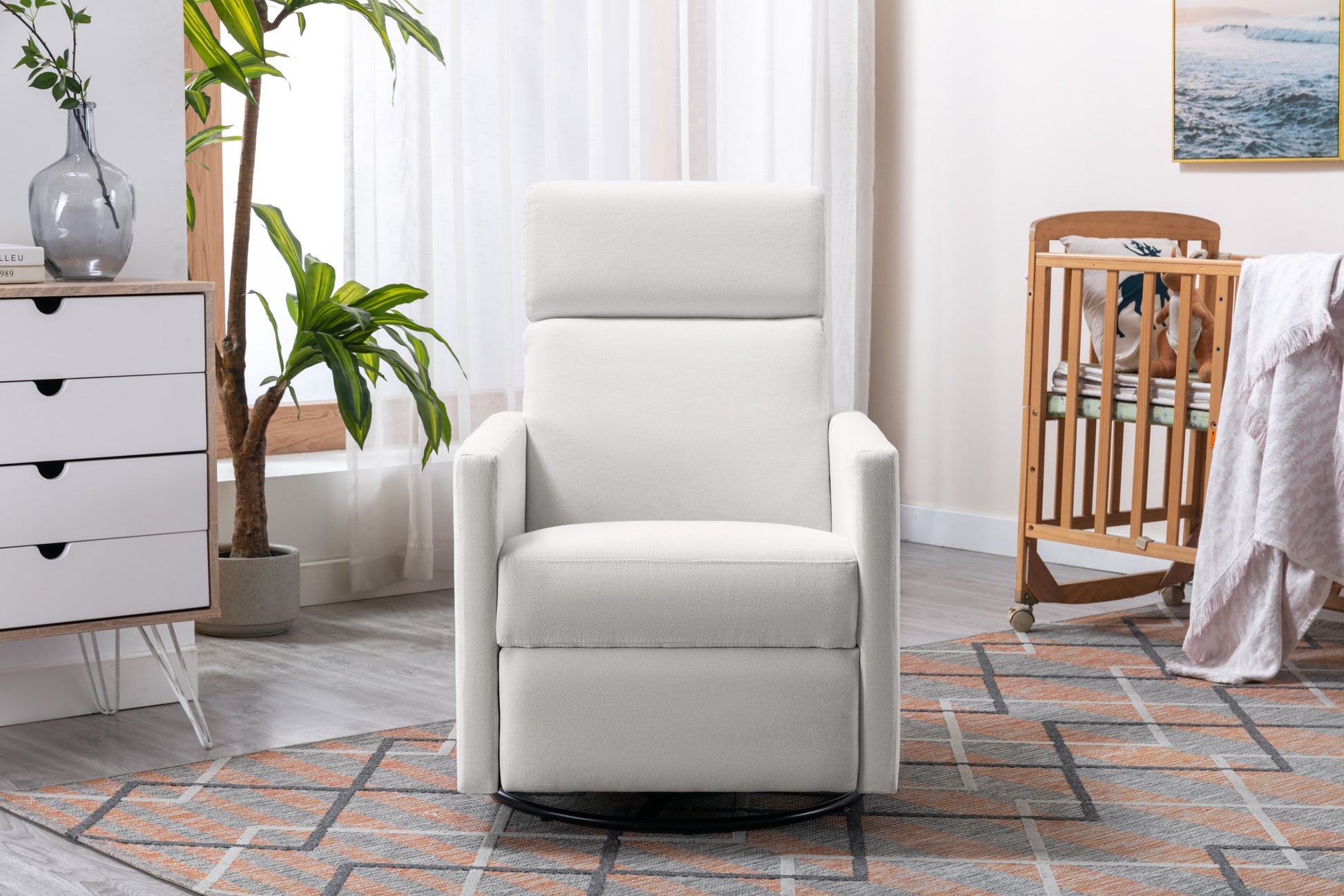 Modern Upholstered Rocker Nursery Chair Plush Seating Glider Swivel Recliner Chair, Beige Beige Linen
