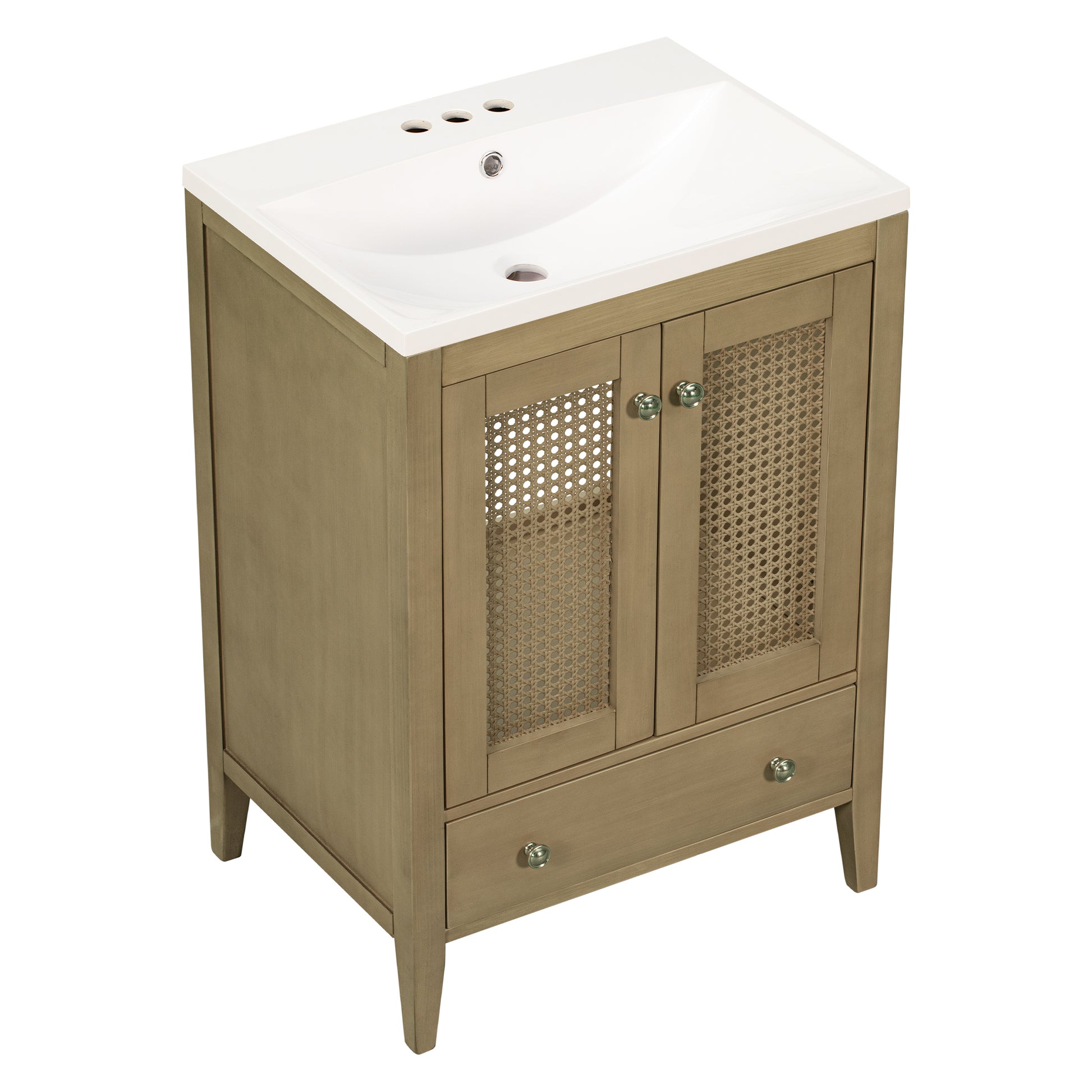 24" Bathroom Vanity With Ceramic Basin, Rattan Bathroom Storage Cabinet With Two Doors And Drawer, Solid Frame, Natural Old Sku: Jl000008Aad Natural Solid Wood Mdf