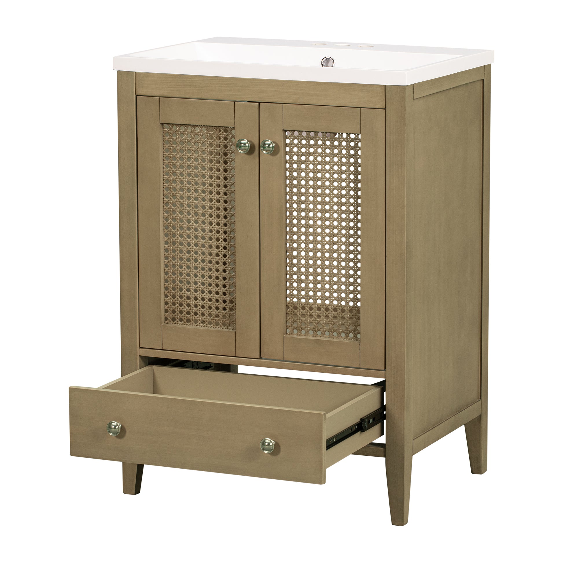 24" Bathroom Vanity With Ceramic Basin, Rattan Bathroom Storage Cabinet With Two Doors And Drawer, Solid Frame, Natural Old Sku: Jl000008Aad Natural Solid Wood Mdf