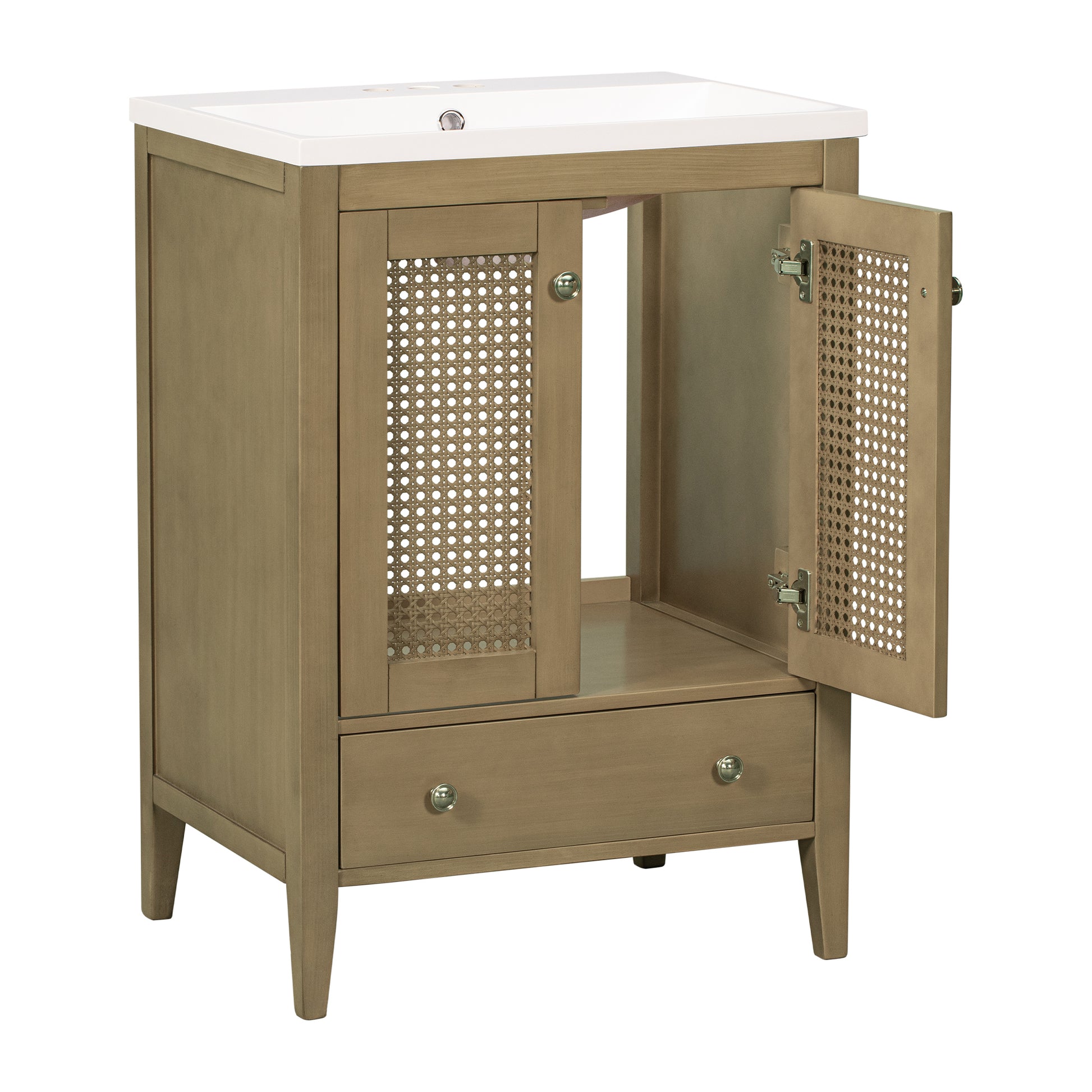 24" Bathroom Vanity With Ceramic Basin, Rattan Bathroom Storage Cabinet With Two Doors And Drawer, Solid Frame, Natural Old Sku: Jl000008Aad Natural Solid Wood Mdf