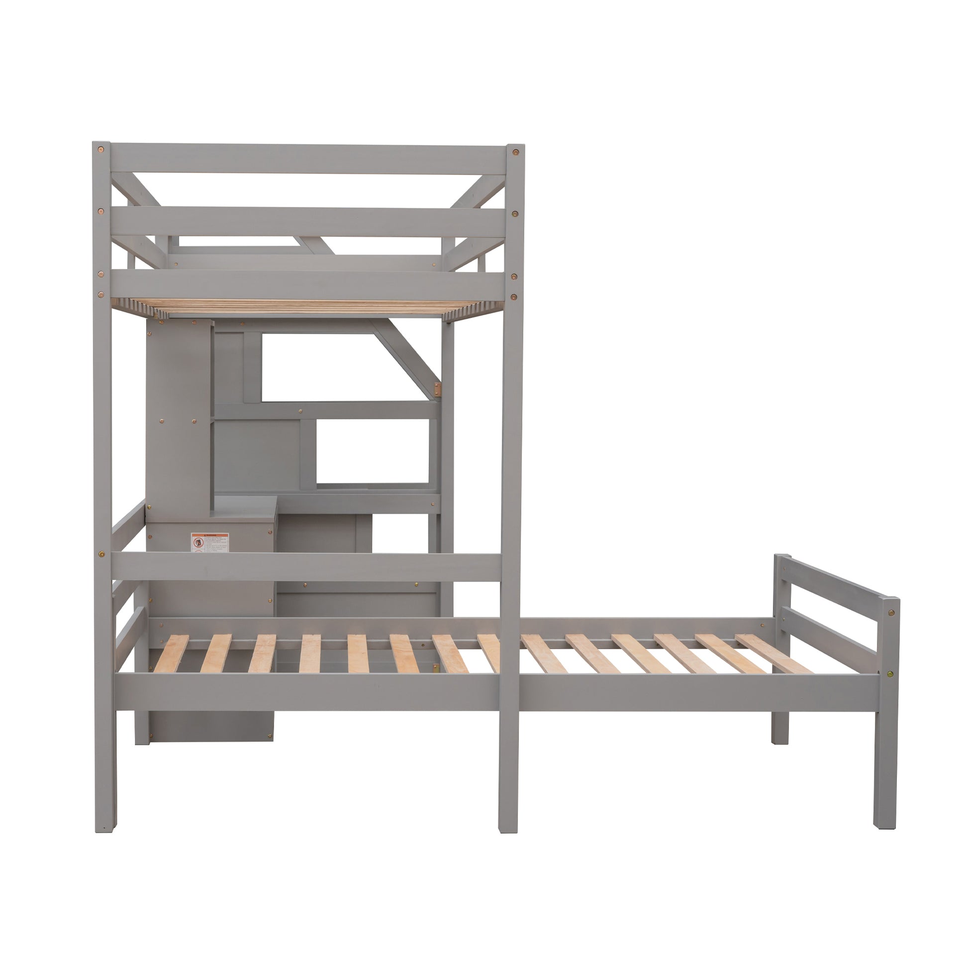 Twin Size Loft Bed With A Stand Alone Bed, Storage Staircase, Desk, Shelves And Drawers, Gray Gray Pine