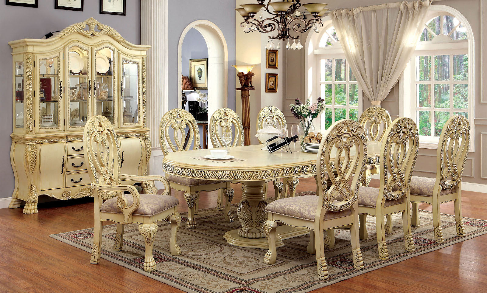 Formal Majestic Traditional Dining Chairs Vintage White Solid Wood Fabric Seat Intricate Carved Details Set Of 2 Side Chairs Antique White Dining Room Classic,Luxury,Traditional Solid Wood