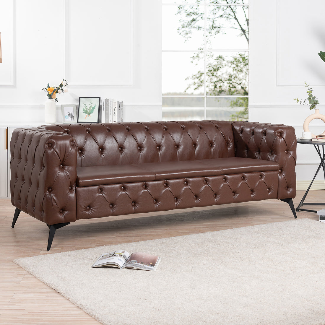 84.06Inch Width Traditional Square Arm Removable Cushion 3 Seater Sofa Dark Brown Foam Pu