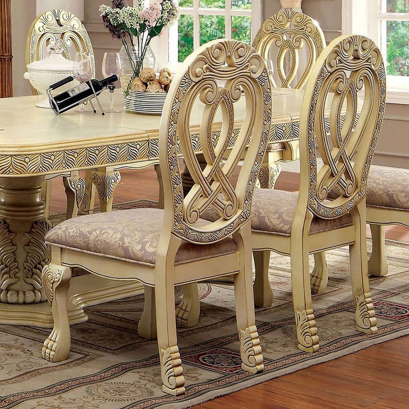 Formal Majestic Traditional Dining Chairs Vintage White Solid Wood Fabric Seat Intricate Carved Details Set Of 2 Side Chairs Antique White Dining Room Classic,Luxury,Traditional Solid Wood