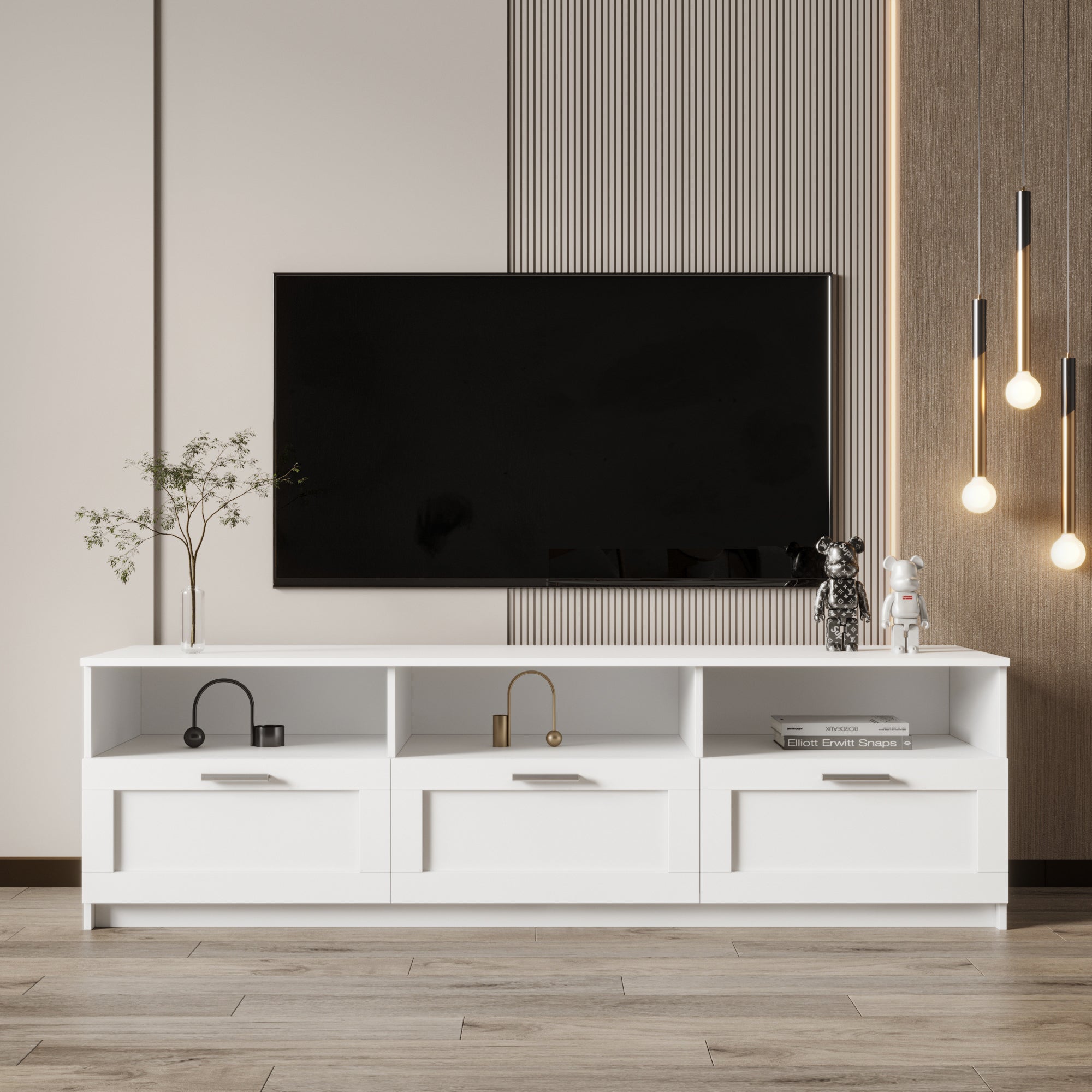 White Modern Minimalist Tv Cabinet 80 Inch Tv Stand, Open Locker Living Room Bedroom White Mdf