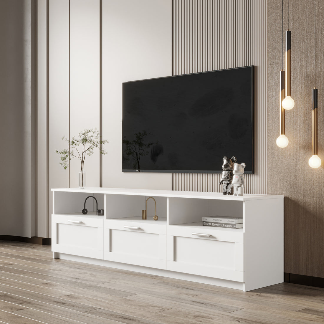 White Modern Minimalist Tv Cabinet 80 Inch Tv Stand, Open Locker Living Room Bedroom White Mdf