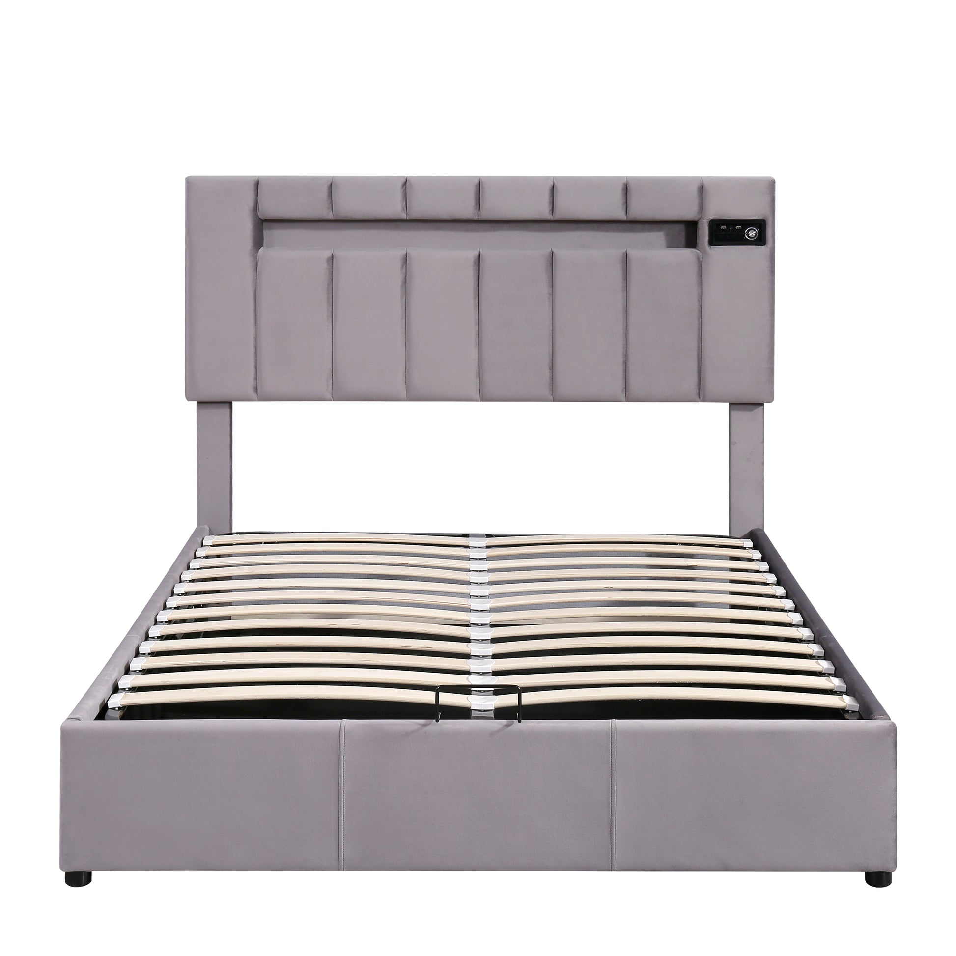 Upholstered Bed Full Size With Led Light, Bluetooth Player And Usb Charging, Hydraulic Storage Bed In Gray Velvet Fabric Gray Foam Upholstered