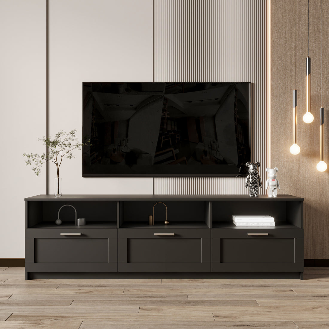 Black Modern Minimalist Tv Cabinet 80 Inch Tv Stand, Open Locker Living Room Bedroom Black Mdf