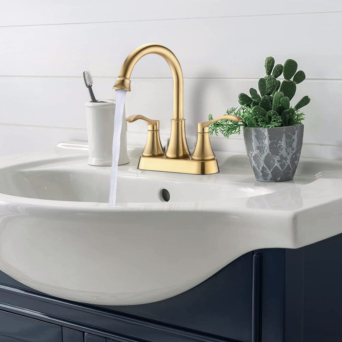 4 Inches Centerset Bathroom Faucet 360 Swivel Spout, With Pop Up Drain Brushed Gold Brushed Gold Zinc