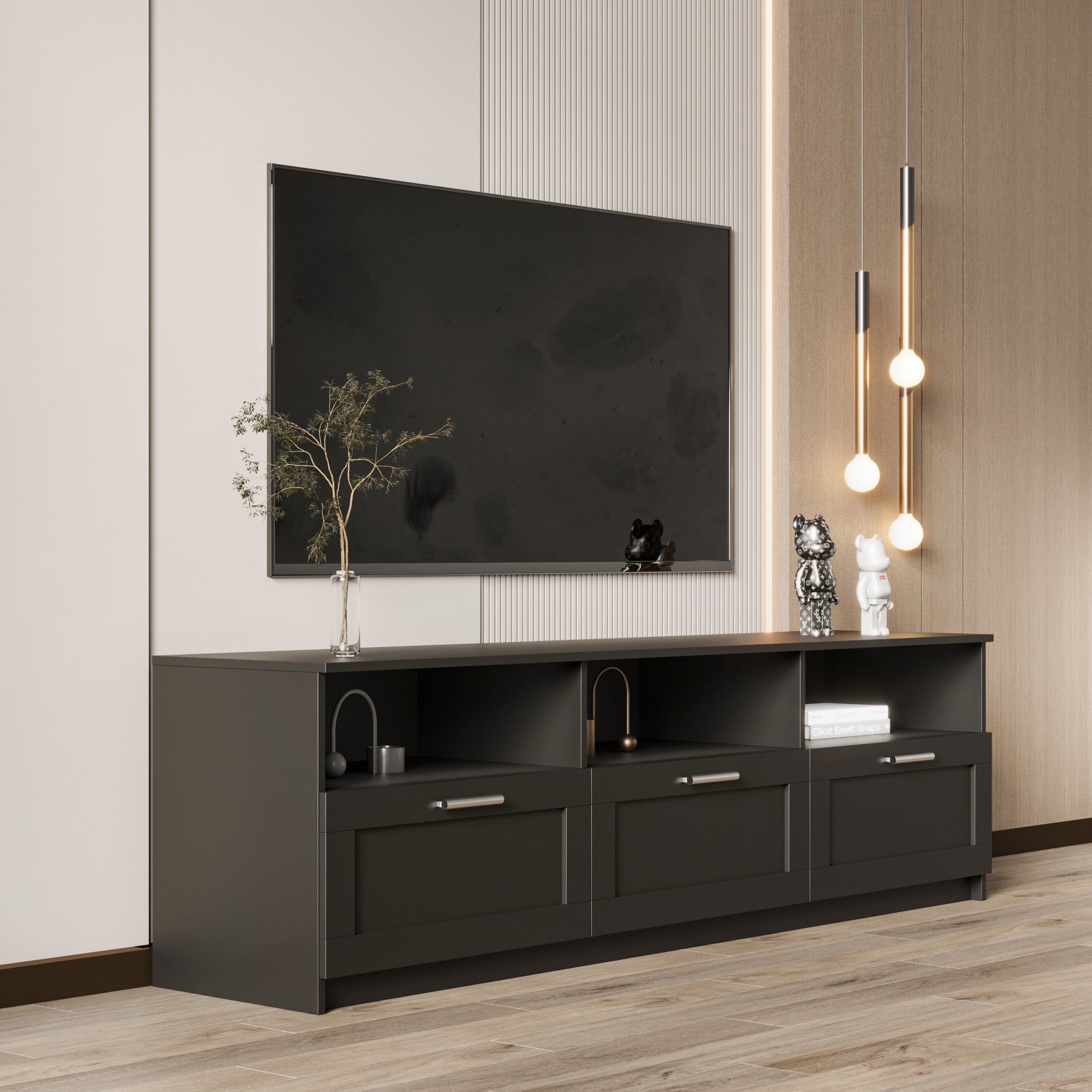 Black Modern Minimalist Tv Cabinet 80 Inch Tv Stand, Open Locker Living Room Bedroom Black Mdf