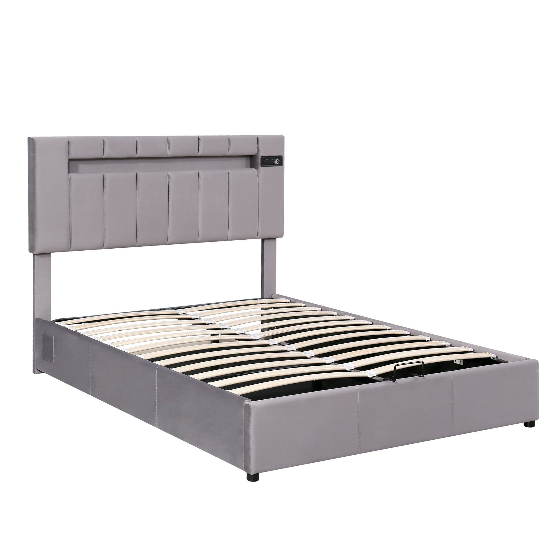 Upholstered Bed Full Size With Led Light, Bluetooth Player And Usb Charging, Hydraulic Storage Bed In Gray Velvet Fabric Gray Foam Upholstered