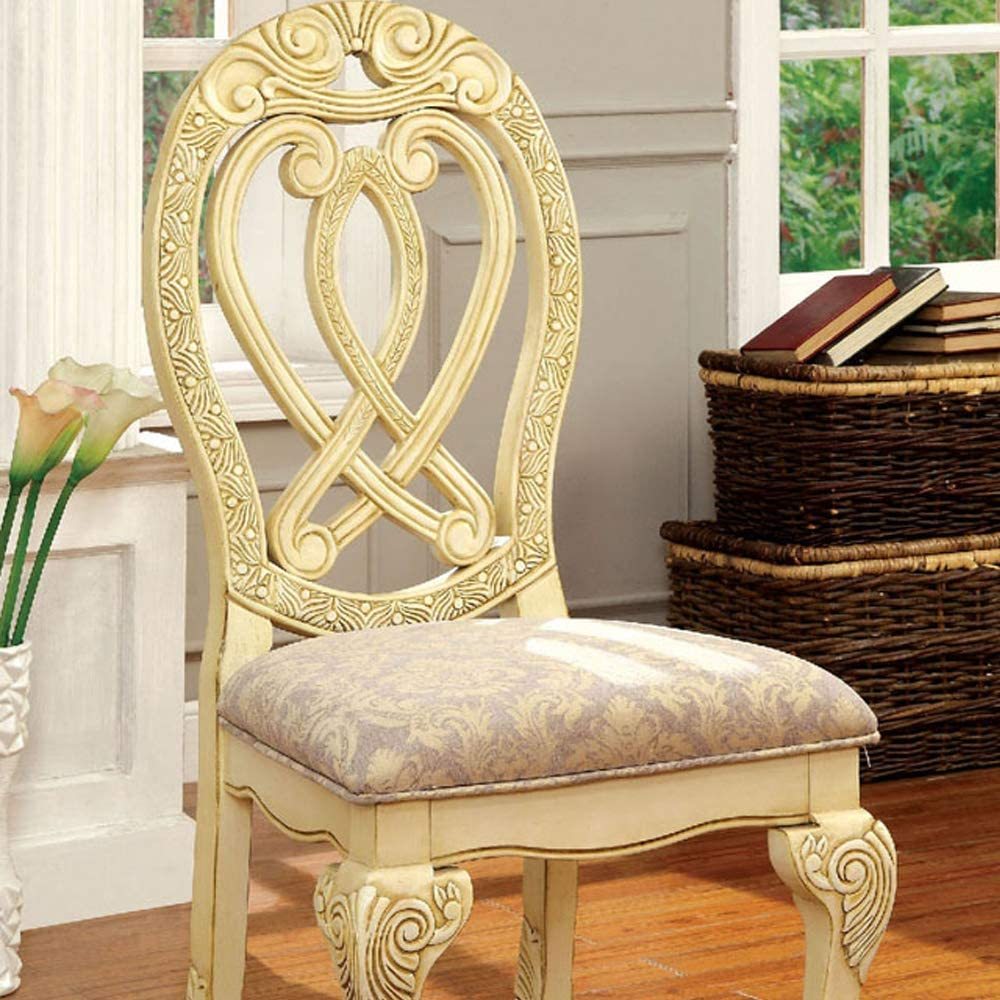 Formal Majestic Traditional Dining Chairs Vintage White Solid Wood Fabric Seat Intricate Carved Details Set Of 2 Side Chairs Antique White Dining Room Classic,Luxury,Traditional Solid Wood