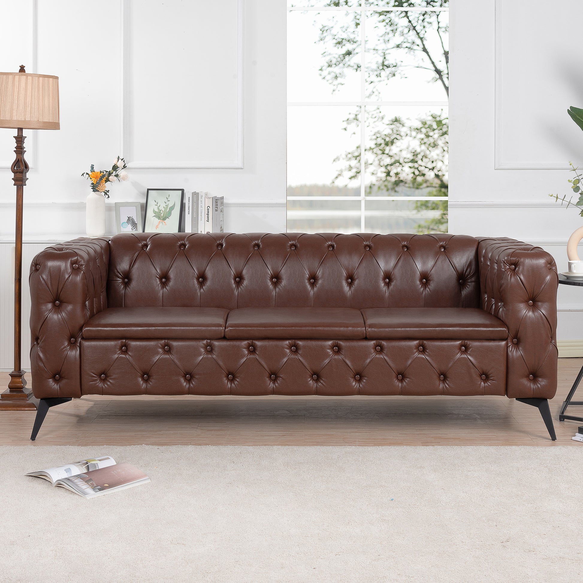 84.06Inch Width Traditional Square Arm Removable Cushion 3 Seater Sofa Dark Brown Foam Pu