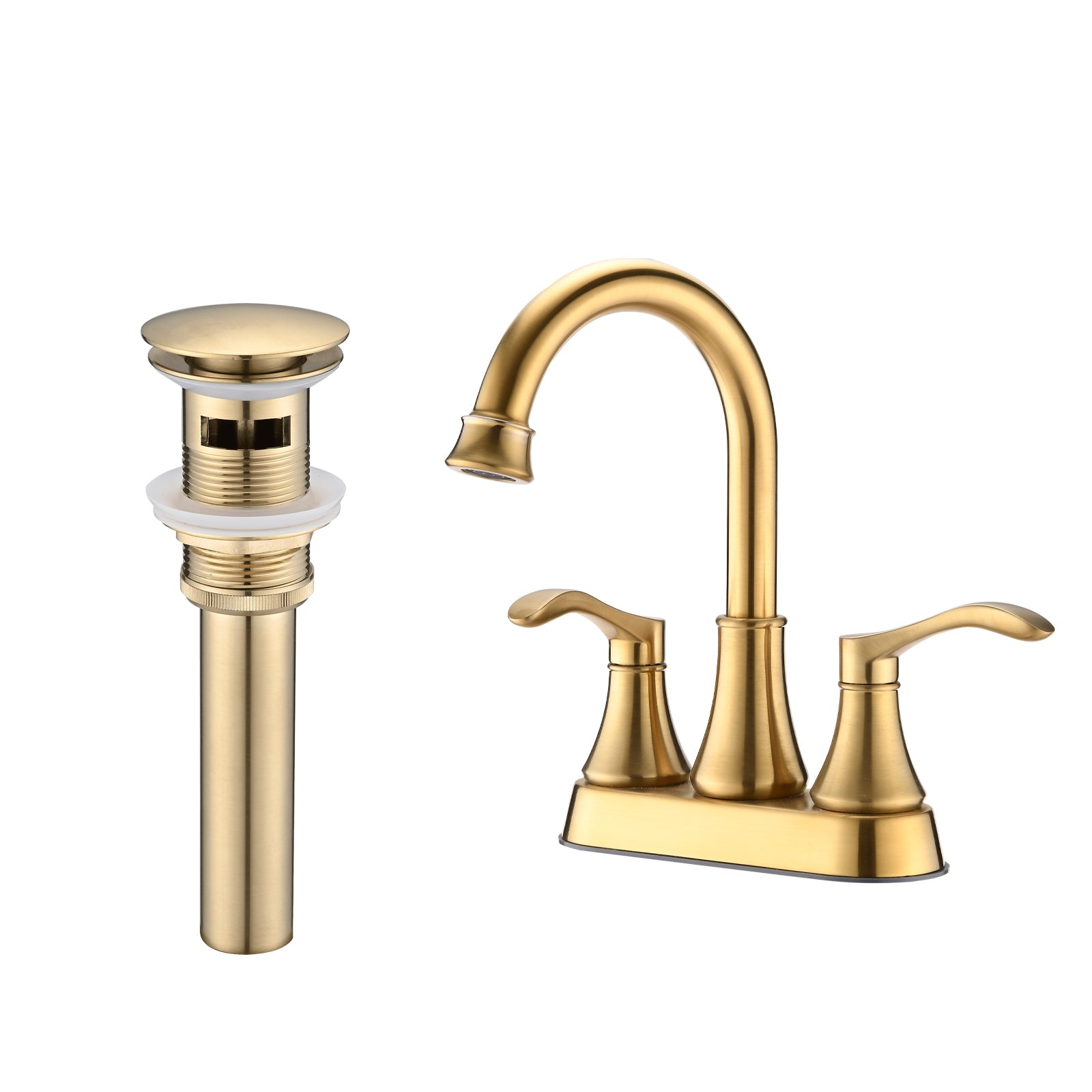 4 Inches Centerset Bathroom Faucet 360 Swivel Spout, With Pop Up Drain Brushed Gold Brushed Gold Zinc