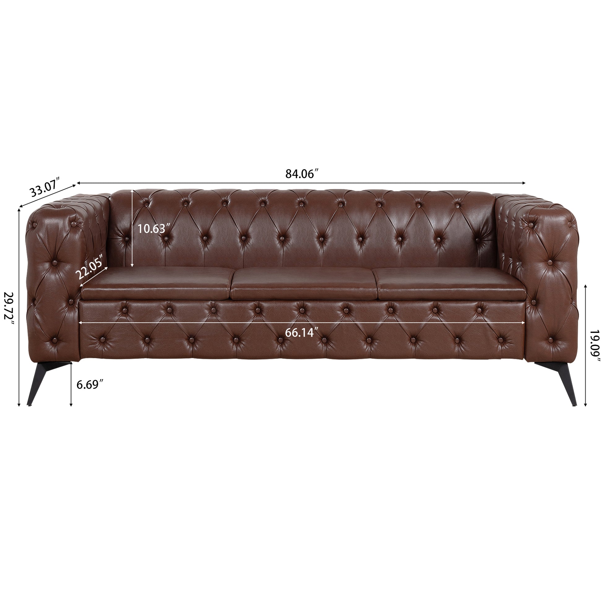 84.06Inch Width Traditional Square Arm Removable Cushion 3 Seater Sofa Dark Brown Foam Pu