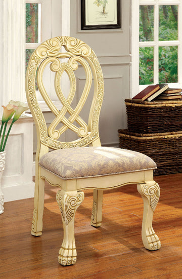 Formal Majestic Traditional Dining Chairs Vintage White Solid Wood Fabric Seat Intricate Carved Details Set Of 2 Side Chairs Antique White Dining Room Classic,Luxury,Traditional Solid Wood