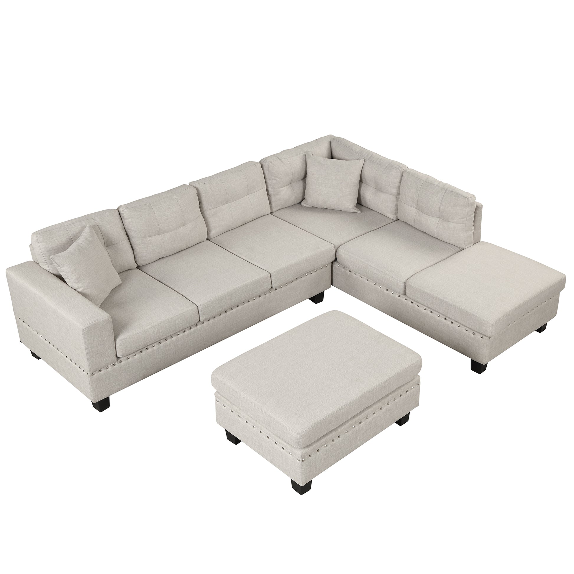 105" Modern Sectional Sofa With Storage Ottoman, L Shape Couch With 2 Pillows And Cup Holder,Sectional Sofa With Reversible Chaise For Living Room,Light Gray Light Gray Foam Linen 6 Seat