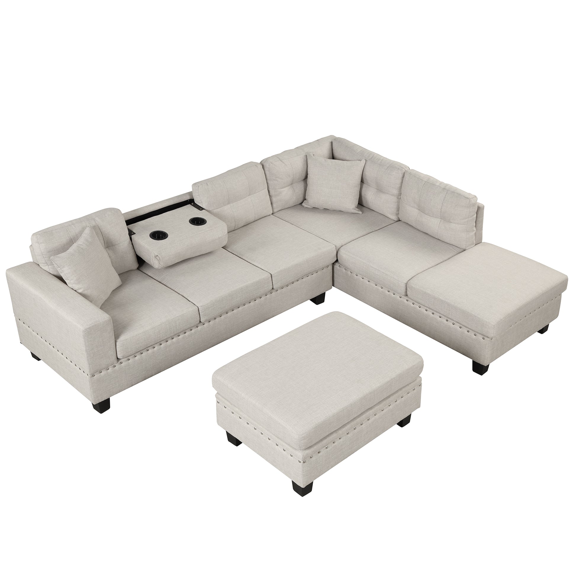 105" Modern Sectional Sofa With Storage Ottoman, L Shape Couch With 2 Pillows And Cup Holder,Sectional Sofa With Reversible Chaise For Living Room,Light Gray Light Gray Foam Linen 6 Seat