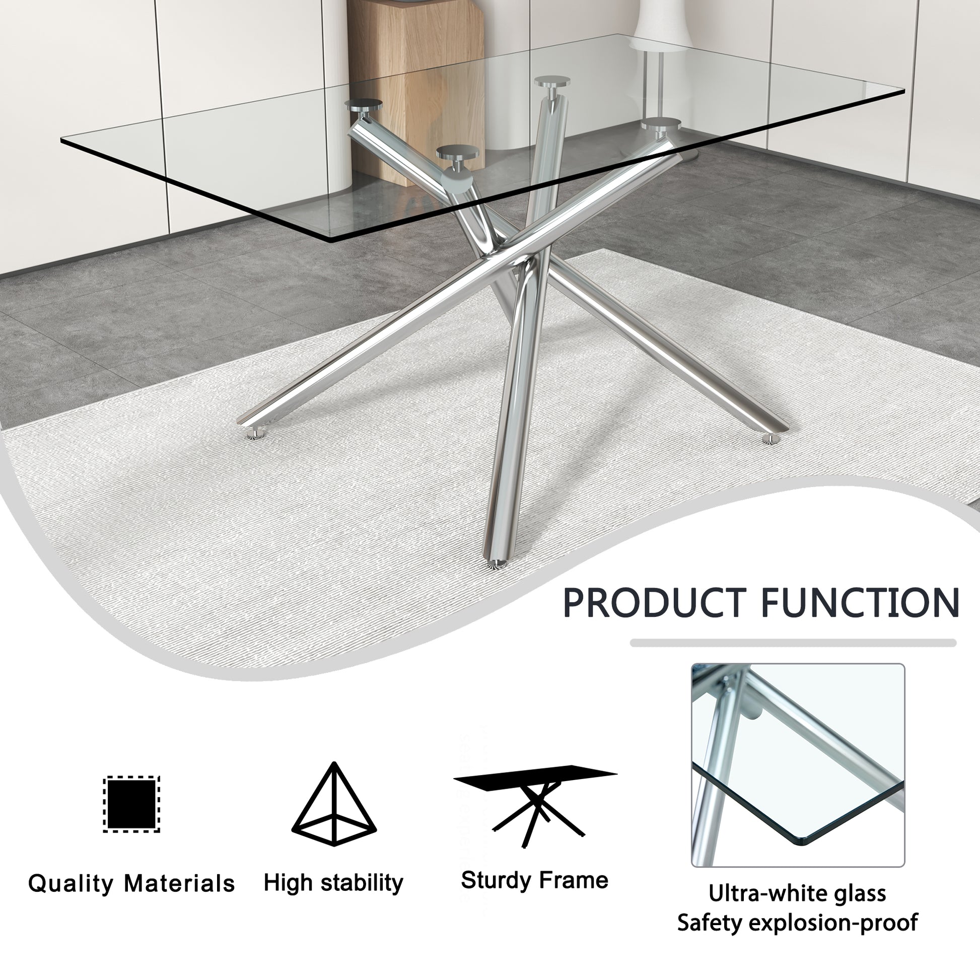 Large Modern Minimalist Rectangular Glass Dining Table For 6 8 With 0.39" Tempered Glass Tabletop And Silver Chrome Metal Legs, For Kitchen Dining Living Meeting Room Banquet Hall