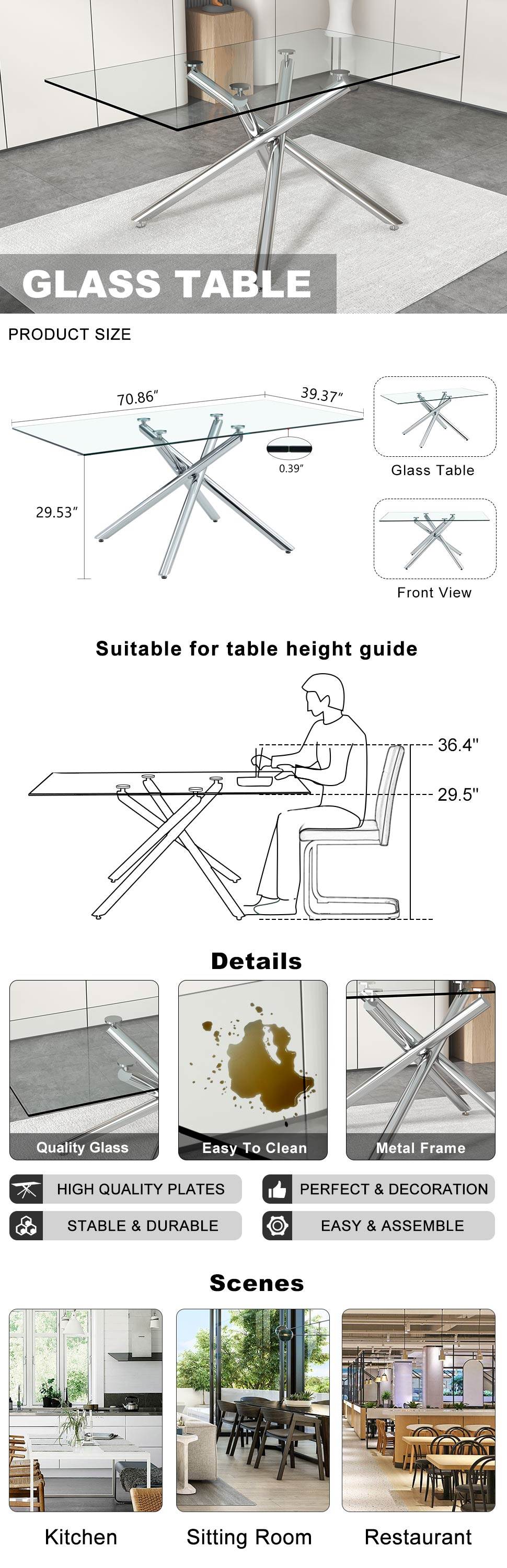 Large Modern Minimalist Rectangular Glass Dining Table For 6 8 With 0.39" Tempered Glass Tabletop And Silver Chrome Metal Legs, For Kitchen Dining Living Meeting Room Banquet Hall