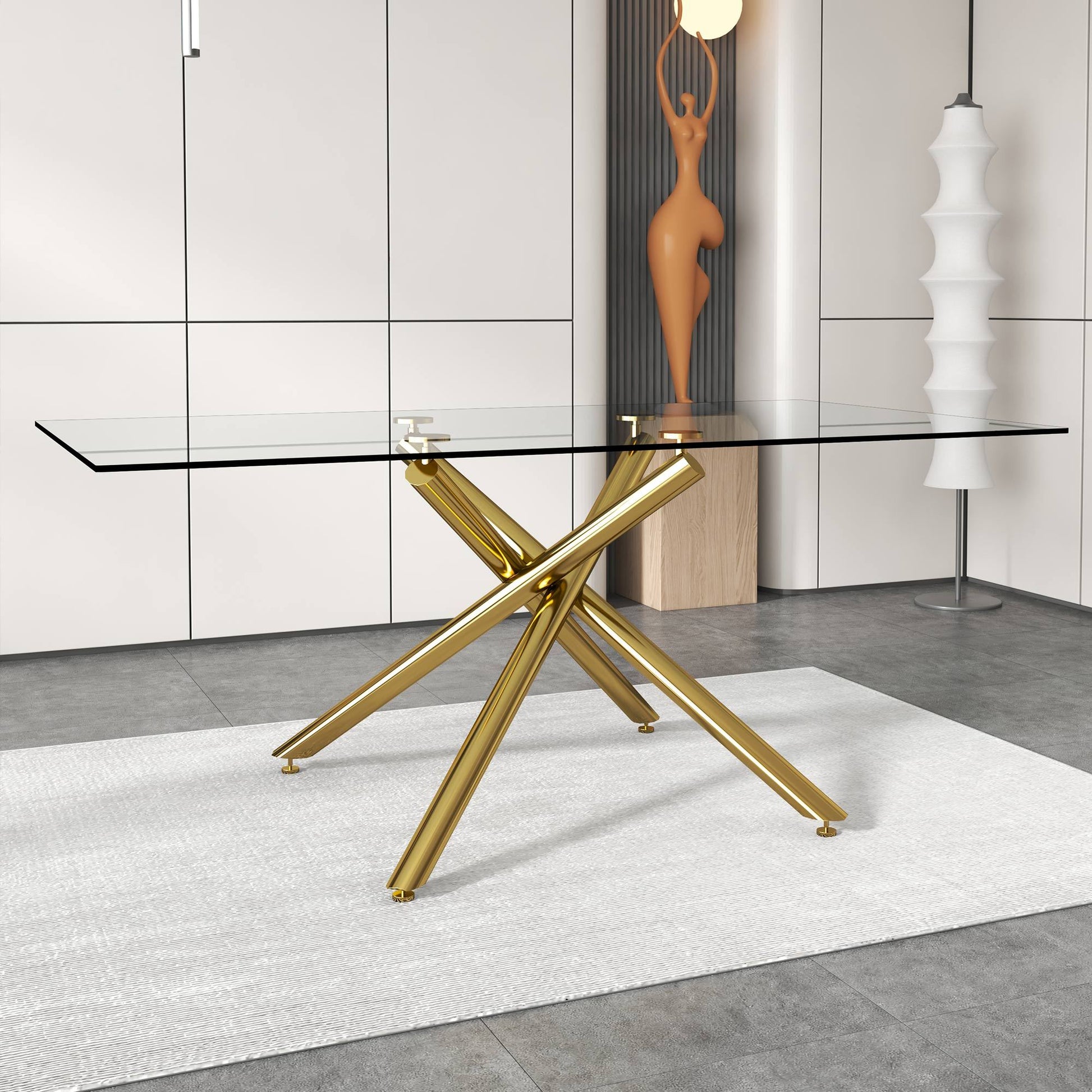 Large Modern Simple Rectangular Glass Dining Table For 4 8 People With 0.39" Tempered Glass Top And Golden Metal Legs For Kitchen, Dining Room, Living Room, Meeting Room, Banquet Hall Golden Glass
