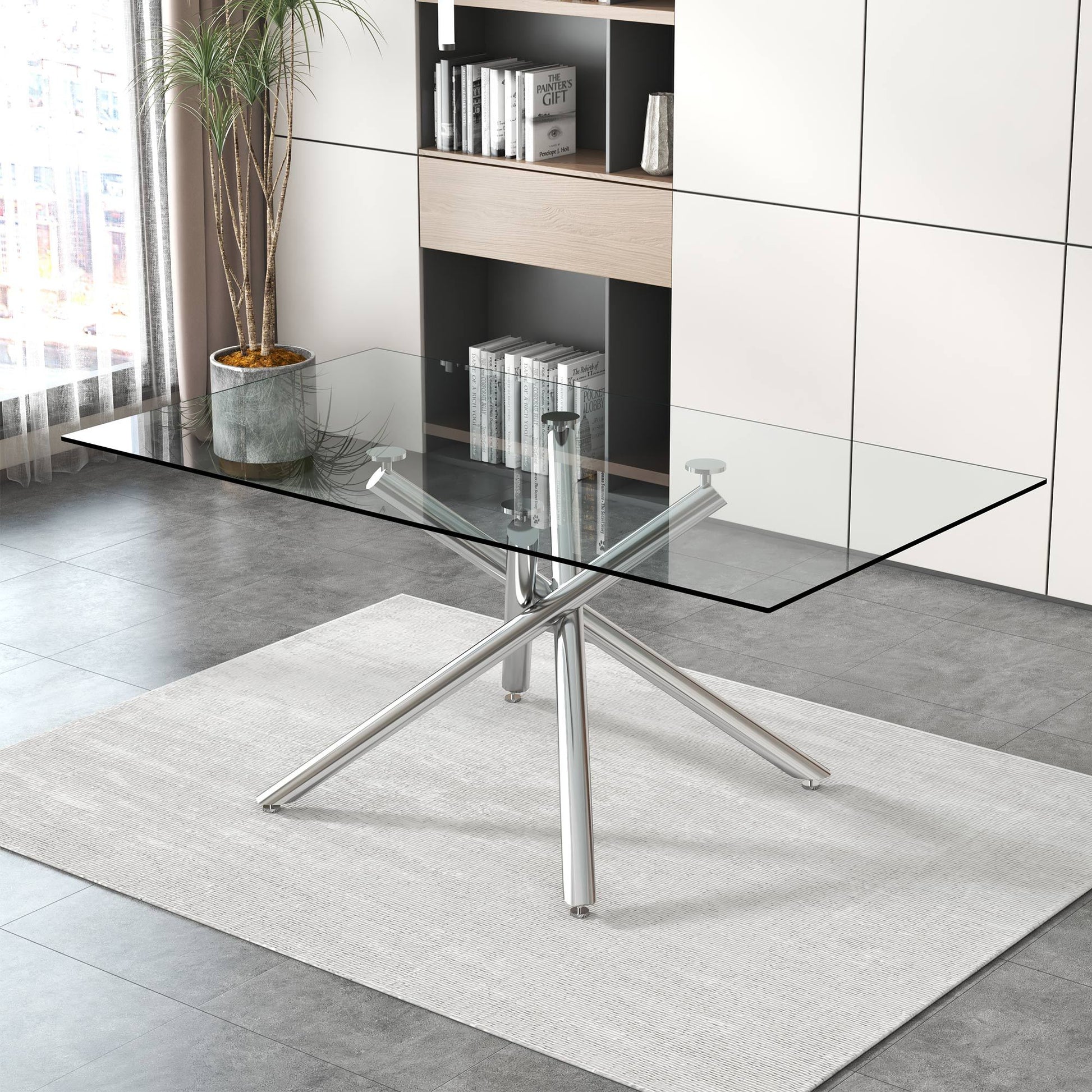 Large Modern Minimalist Rectangular Glass Dining Table For 4 8 People With 0.39" Tempered Glass Tabletop And Silver Metal Legs, For Kitchen Dining Living Meeting Room Banquet Hall Silver Glass