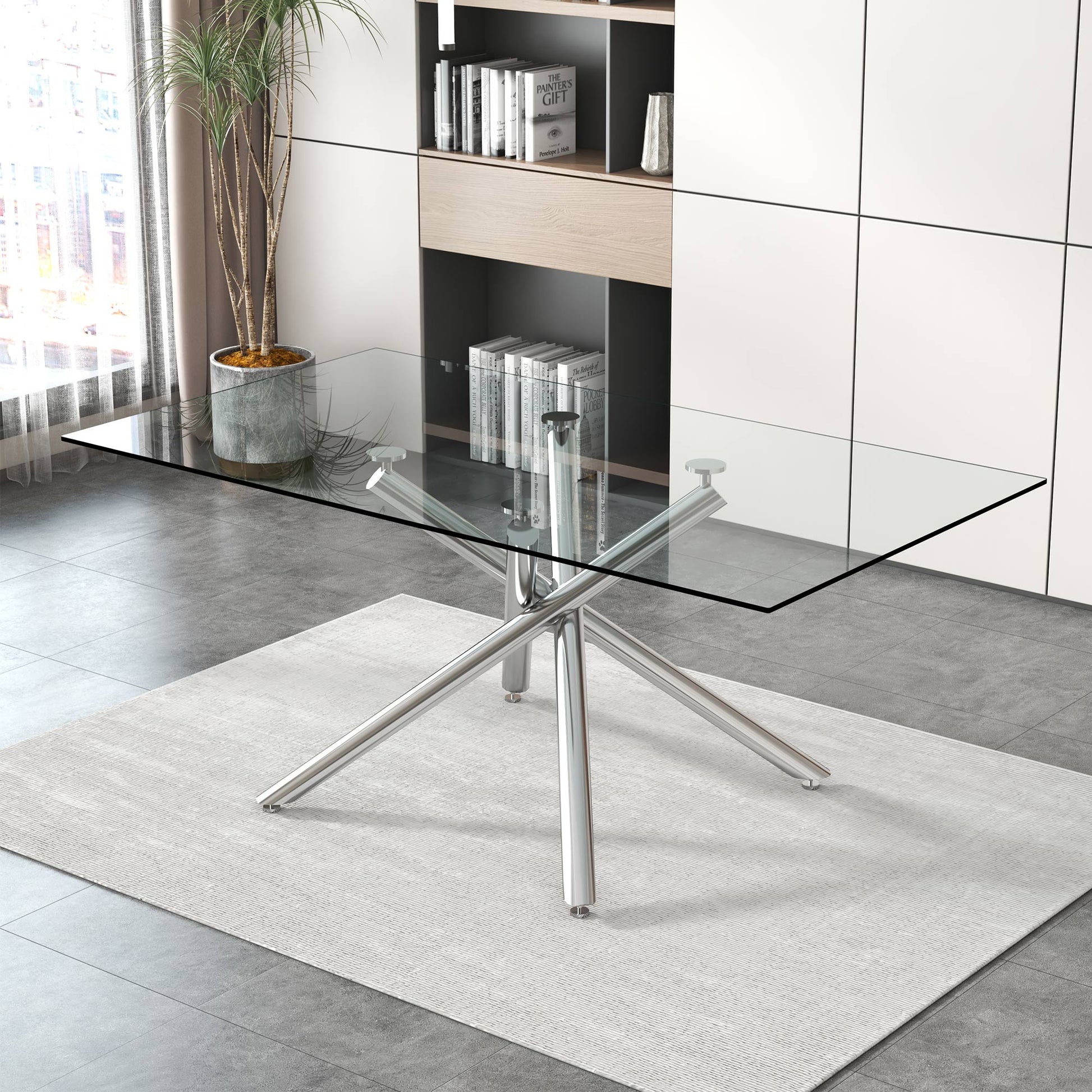 Large Modern Minimalist Rectangular Glass Dining Table For 6 8 With 0.39" Tempered Glass Tabletop And Silver Chrome Metal Legs, For Kitchen Dining Living Meeting Room Banquet Hall