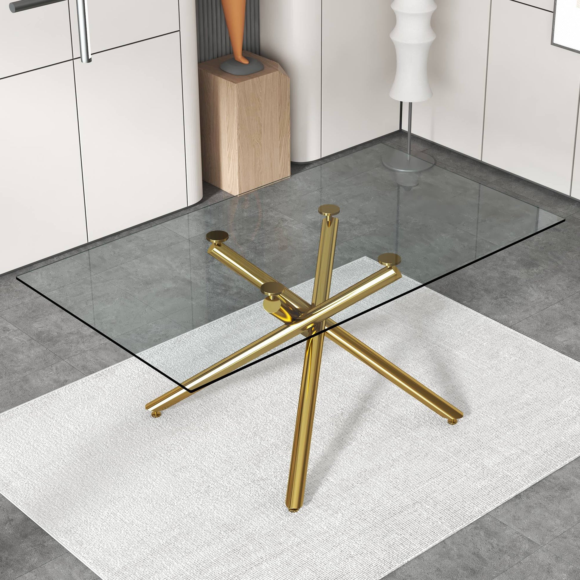 Large Modern Simple Rectangular Glass Dining Table For 4 8 People With 0.39" Tempered Glass Top And Golden Metal Legs For Kitchen, Dining Room, Living Room, Meeting Room, Banquet Hall Golden Glass