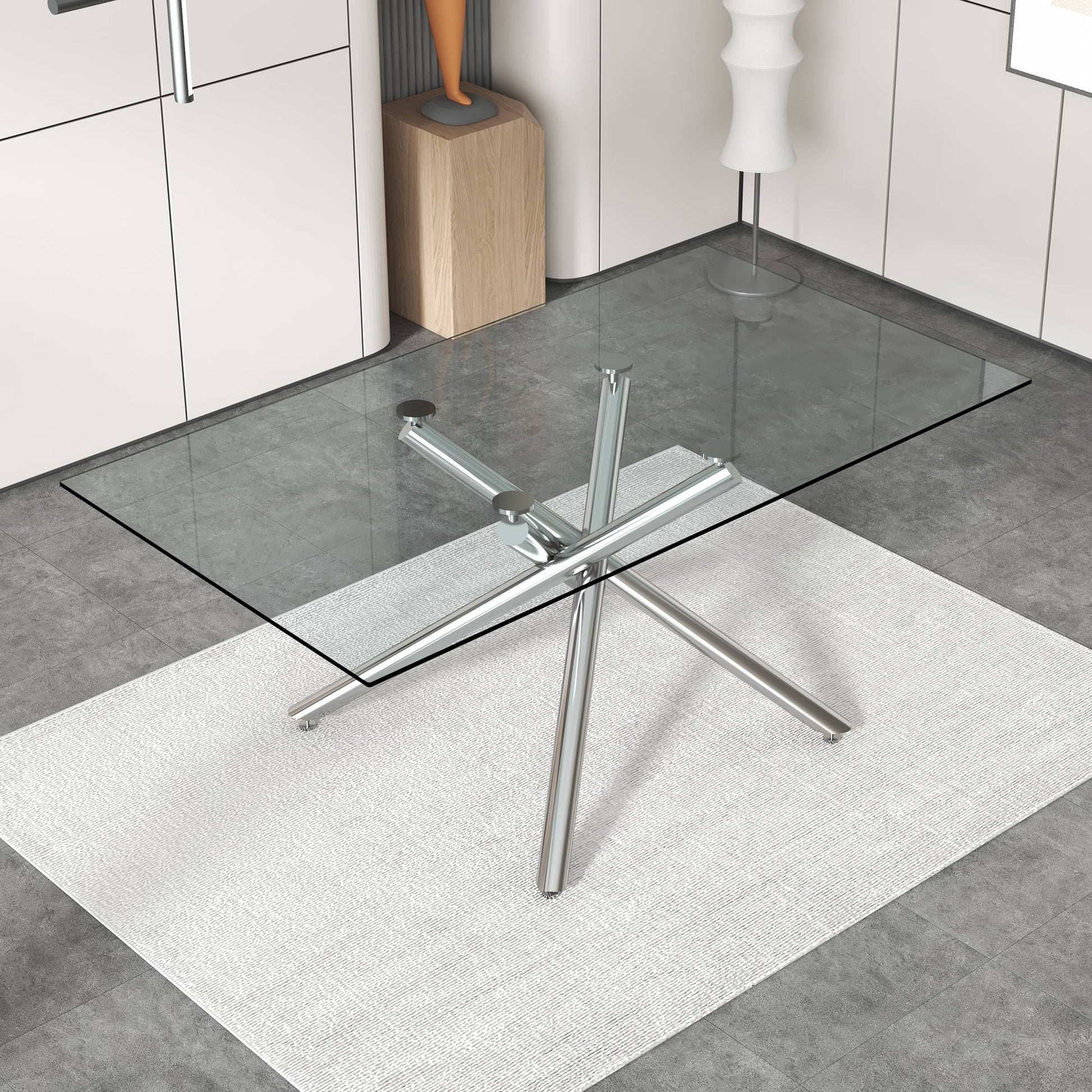 Large Modern Minimalist Rectangular Glass Dining Table For 4 8 People With 0.39" Tempered Glass Tabletop And Silver Metal Legs, For Kitchen Dining Living Meeting Room Banquet Hall Silver Glass