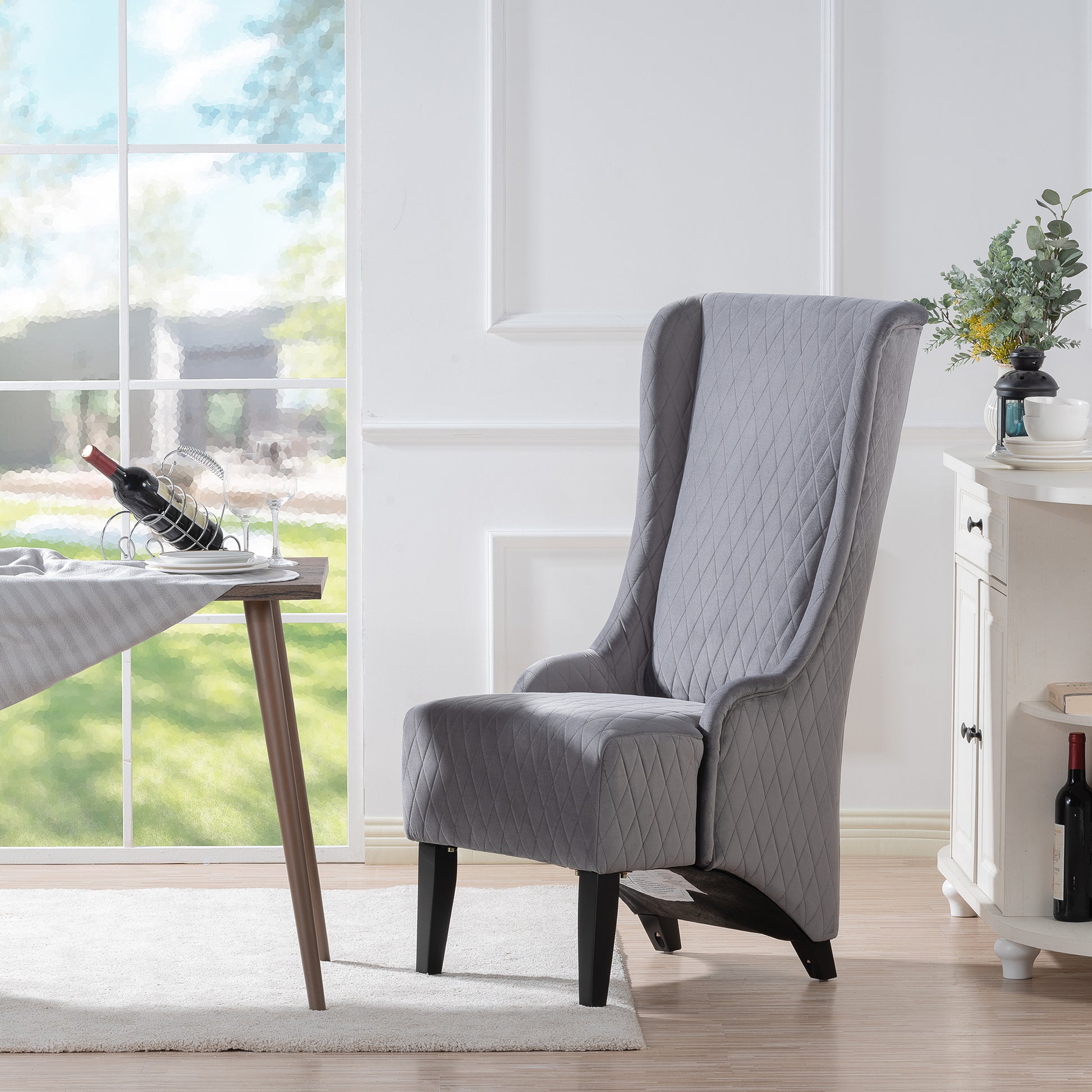 23.03" Wide High Back Velvet Accent Chair, Comfy High Wingback Chair, Living Room Chair With Soft Padded & Wooden Legs, Modern Side Chair For Living Room, Bedroom, Grey Gray Fabric
