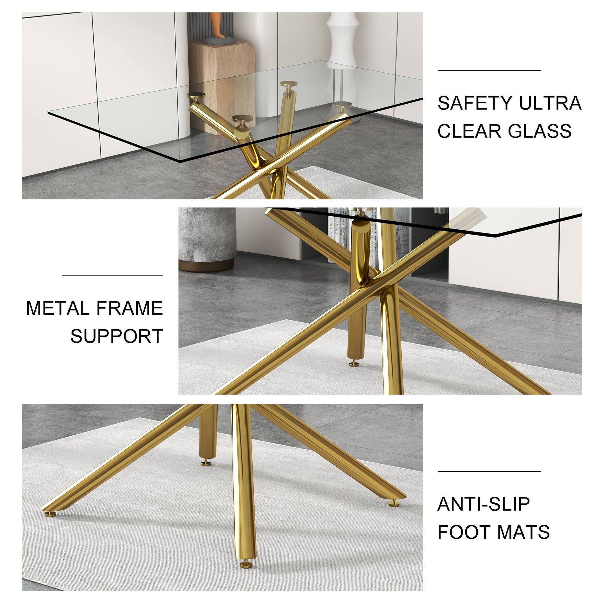 Large Modern Simple Rectangular Glass Dining Table For 4 8 People With 0.39" Tempered Glass Top And Golden Metal Legs For Kitchen, Dining Room, Living Room, Meeting Room, Banquet Hall Golden Glass