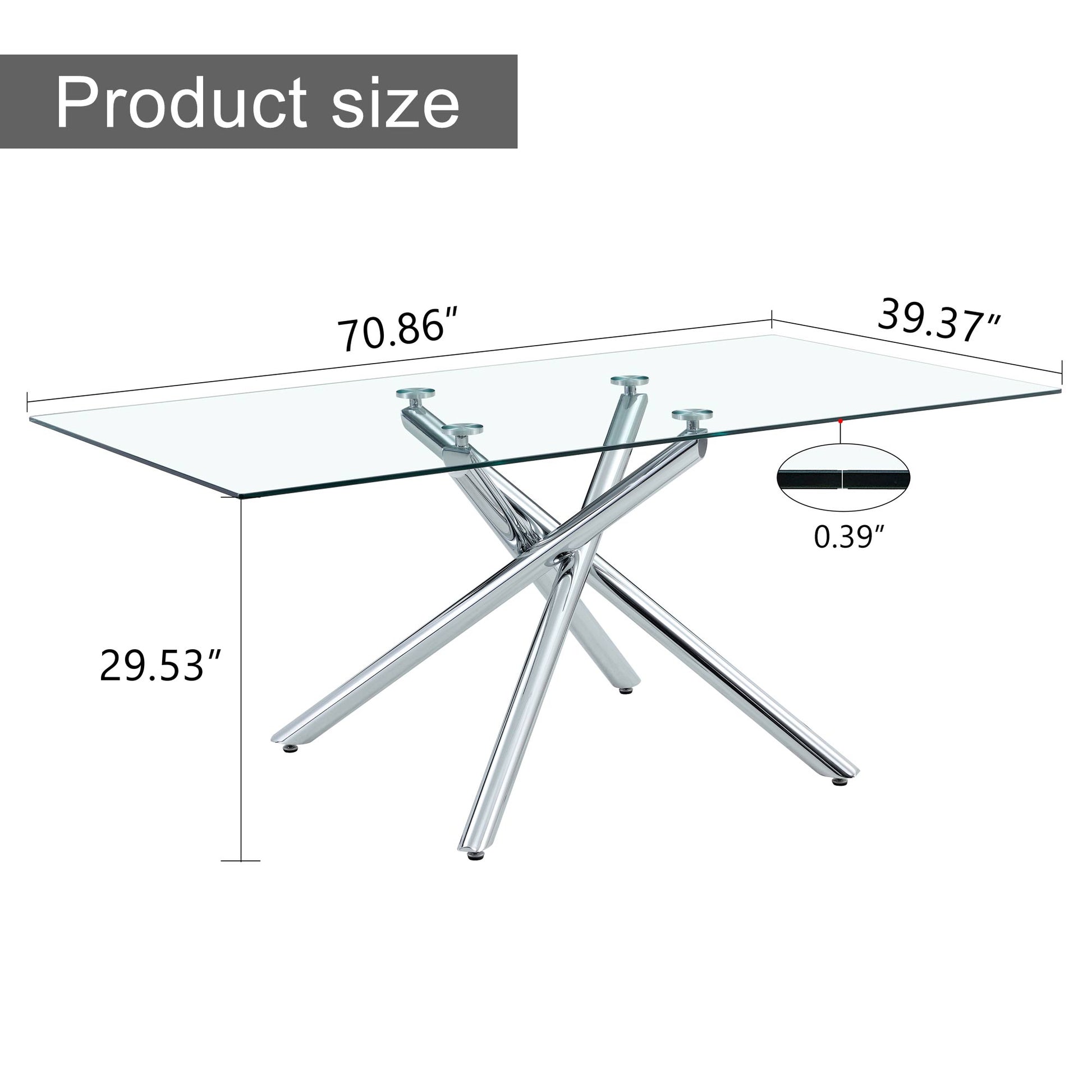 Large Modern Minimalist Rectangular Glass Dining Table For 6 8 With 0.39" Tempered Glass Tabletop And Silver Chrome Metal Legs, For Kitchen Dining Living Meeting Room Banquet Hall