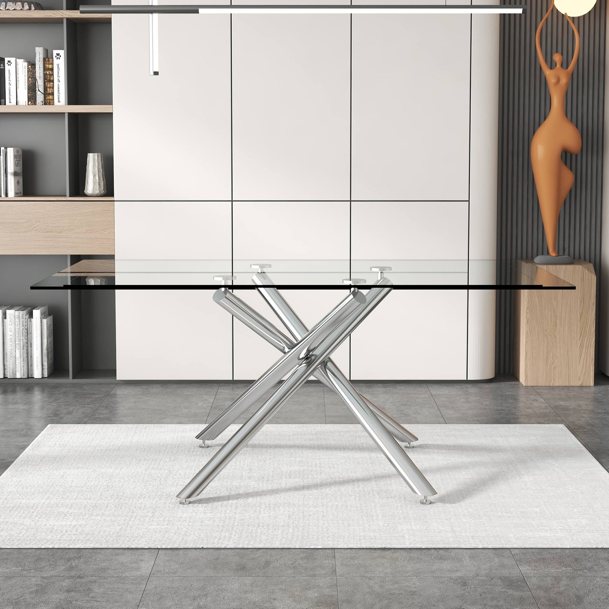 Large Modern Minimalist Rectangular Glass Dining Table For 4 8 People With 0.39" Tempered Glass Tabletop And Silver Metal Legs, For Kitchen Dining Living Meeting Room Banquet Hall Silver Glass