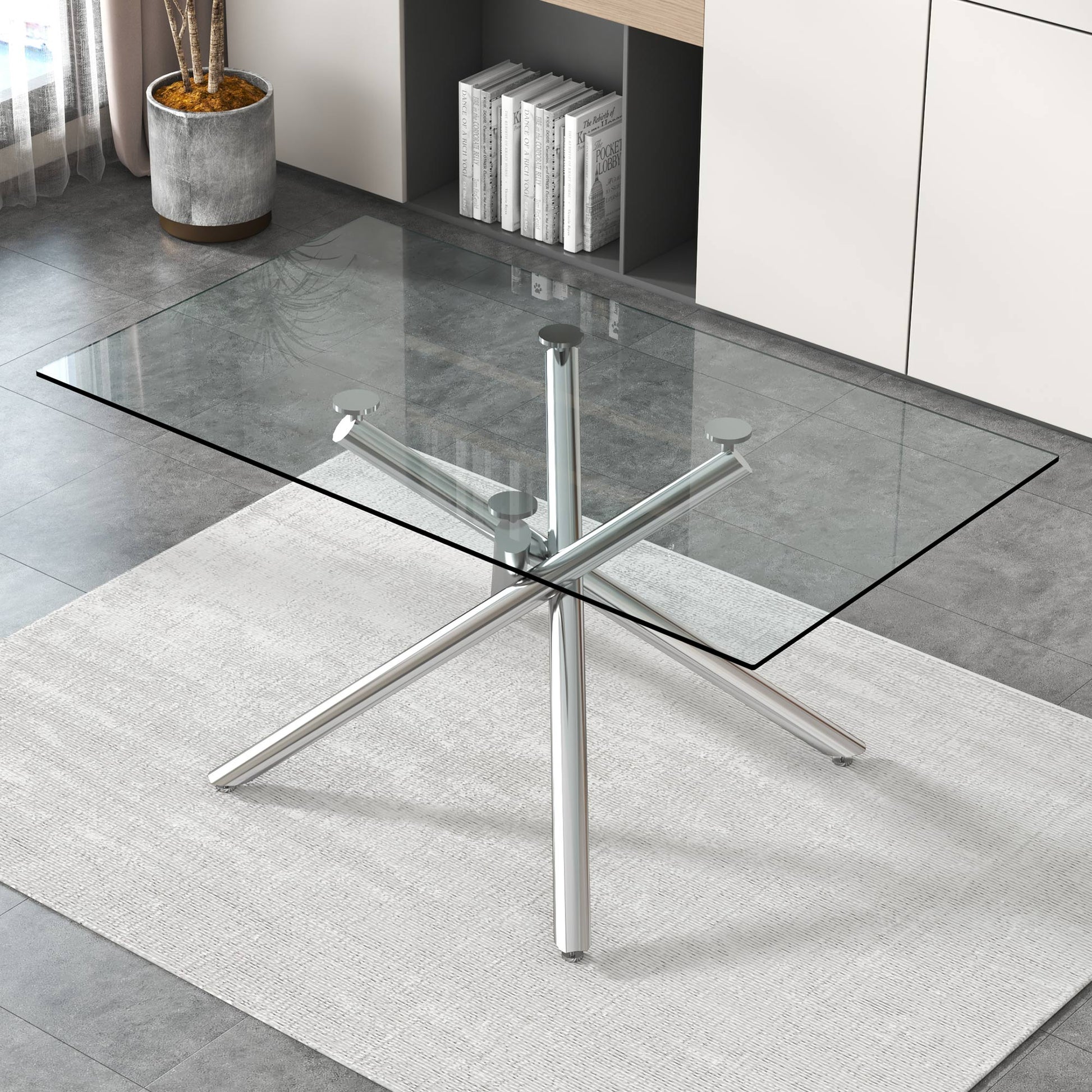 Large Modern Minimalist Rectangular Glass Dining Table For 6 8 With 0.39" Tempered Glass Tabletop And Silver Chrome Metal Legs, For Kitchen Dining Living Meeting Room Banquet Hall