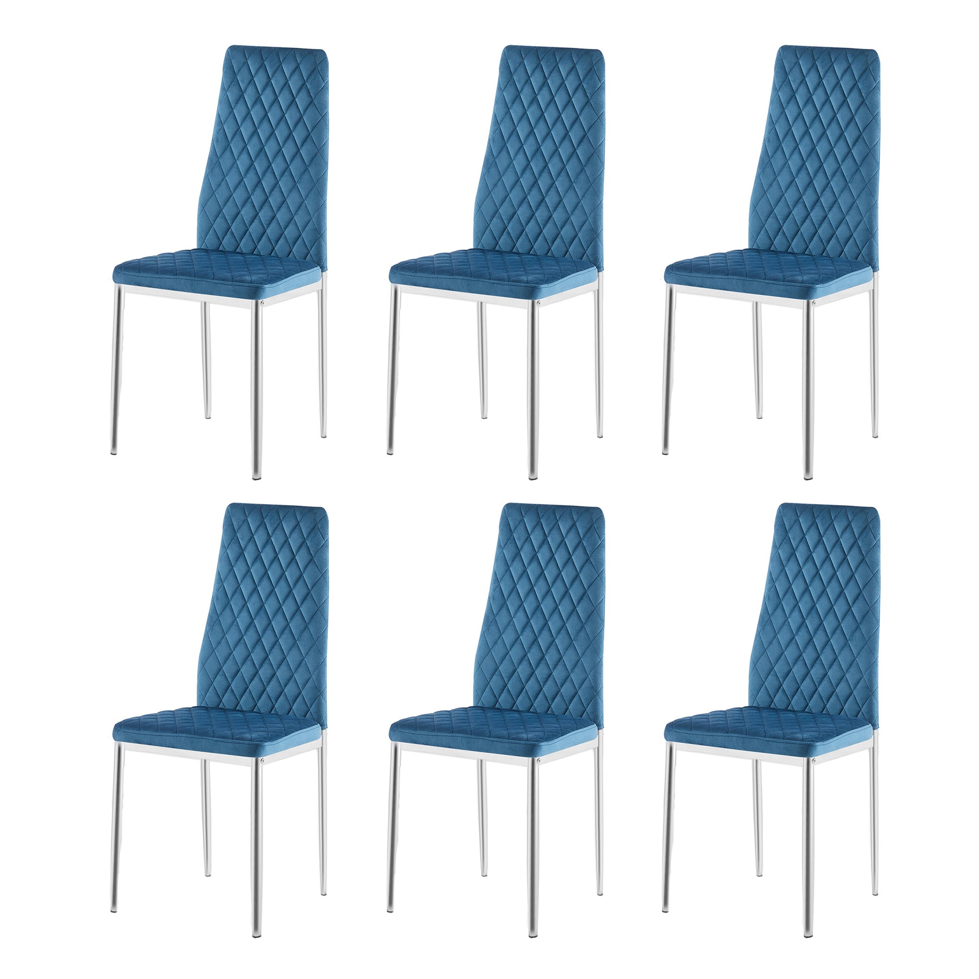 Light Blue Modern Simple Style Dining Chair Fabric Chrome Metal Pipe Diamond Grid Pattern Restaurant Home Conference Chair Set Of 6 Light Blue Fabric