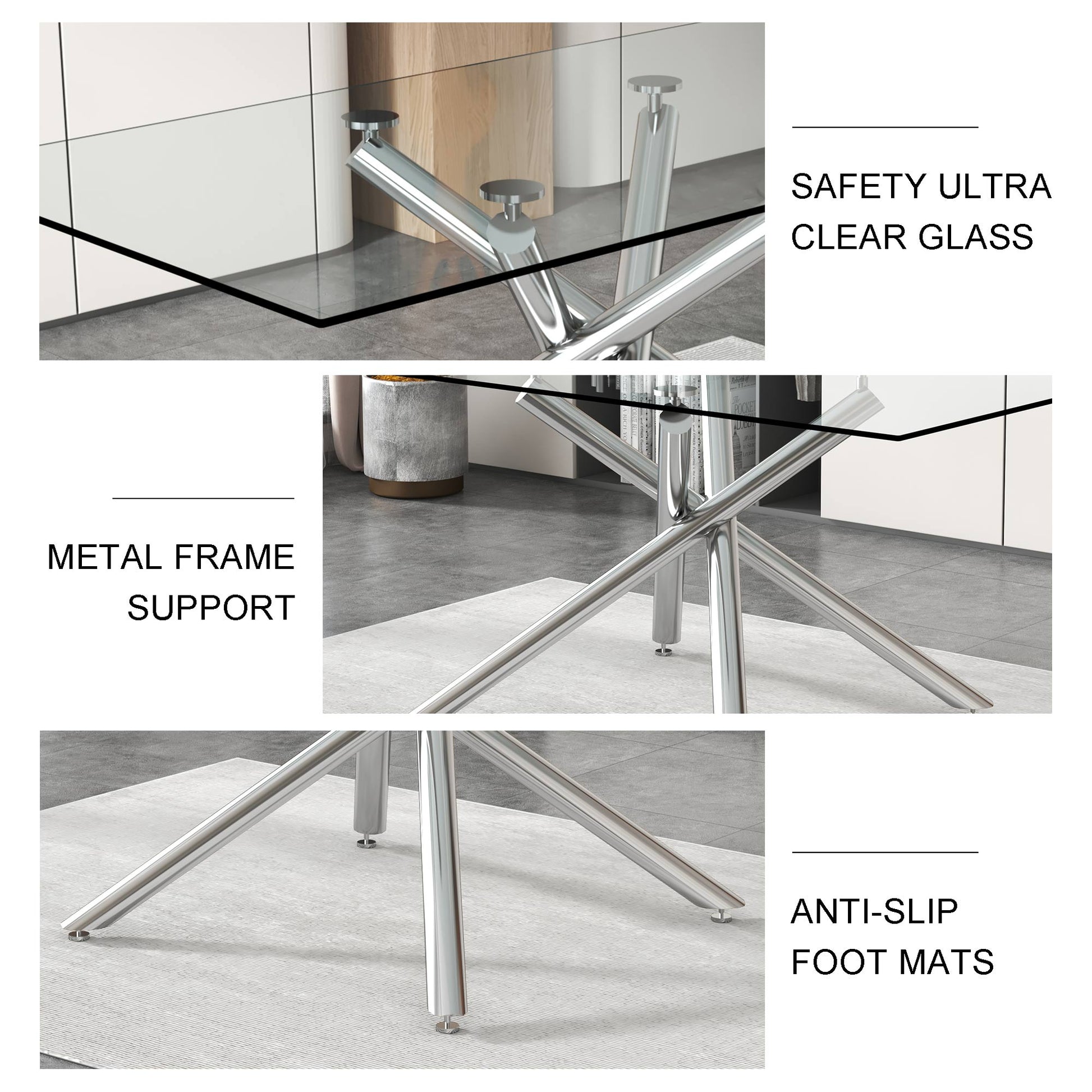 Large Modern Minimalist Rectangular Glass Dining Table For 6 8 With 0.39" Tempered Glass Tabletop And Silver Chrome Metal Legs, For Kitchen Dining Living Meeting Room Banquet Hall