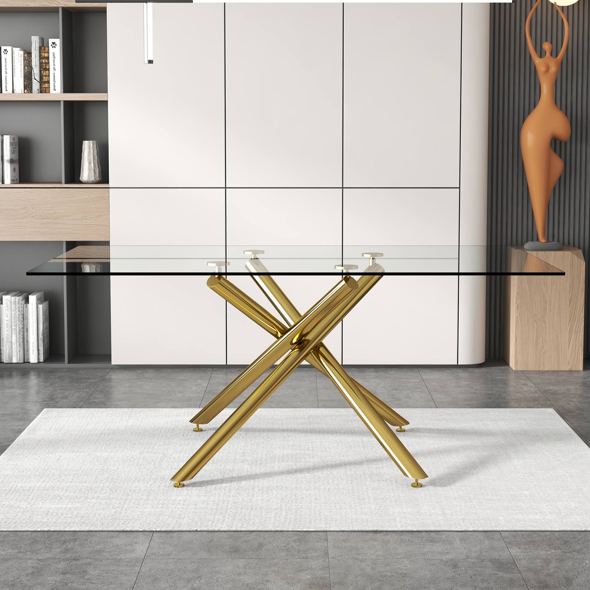 Large Modern Simple Rectangular Glass Dining Table For 4 8 People With 0.39" Tempered Glass Top And Golden Metal Legs For Kitchen, Dining Room, Living Room, Meeting Room, Banquet Hall Golden Glass