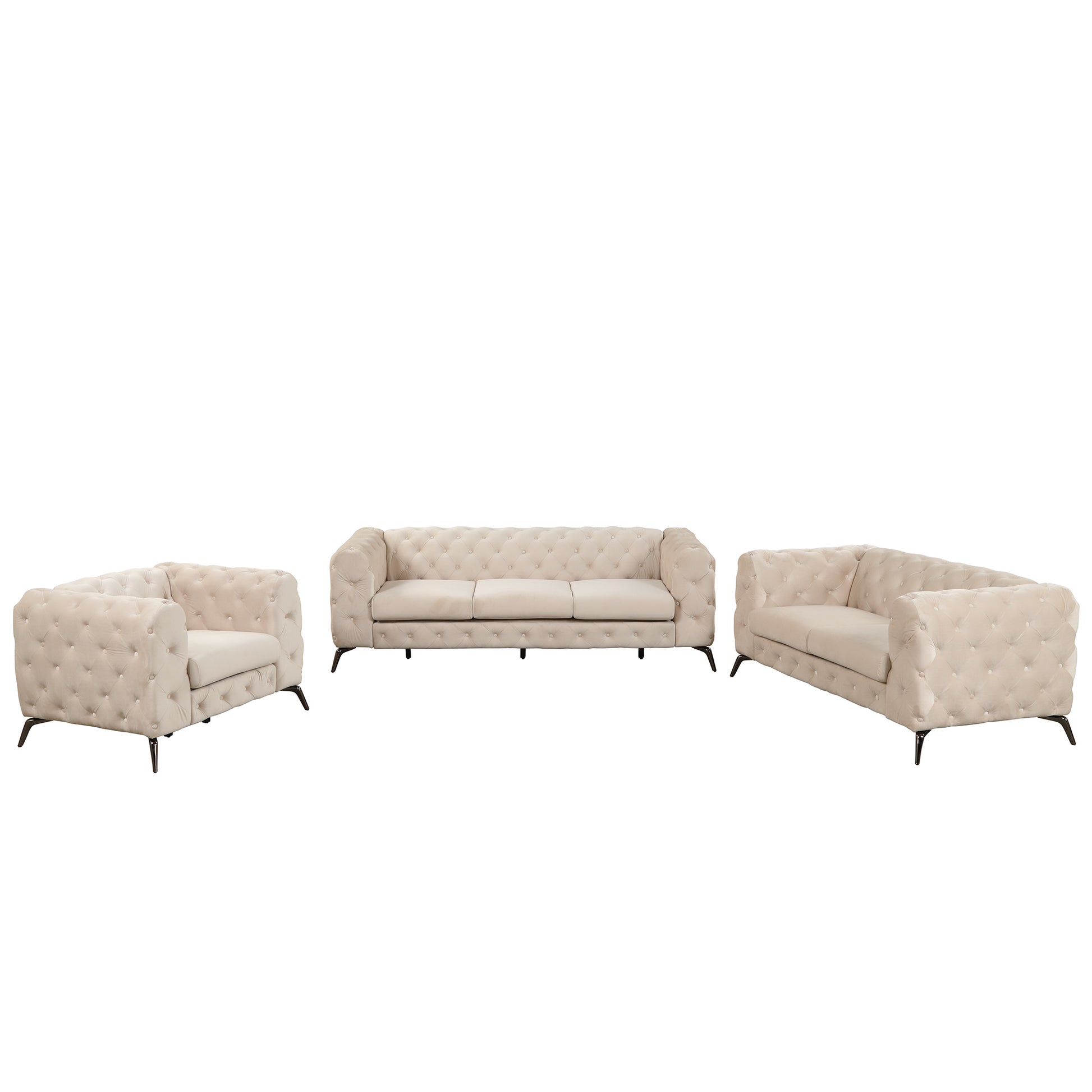 Modern 3 Piece Sofa Sets With Sturdy Metal Legs,Velvet Upholstered Couches Sets Including Three Seat Sofa, Loveseat And Single Chair For Living Room Furniture Set,Beige Beige Foam Velvet