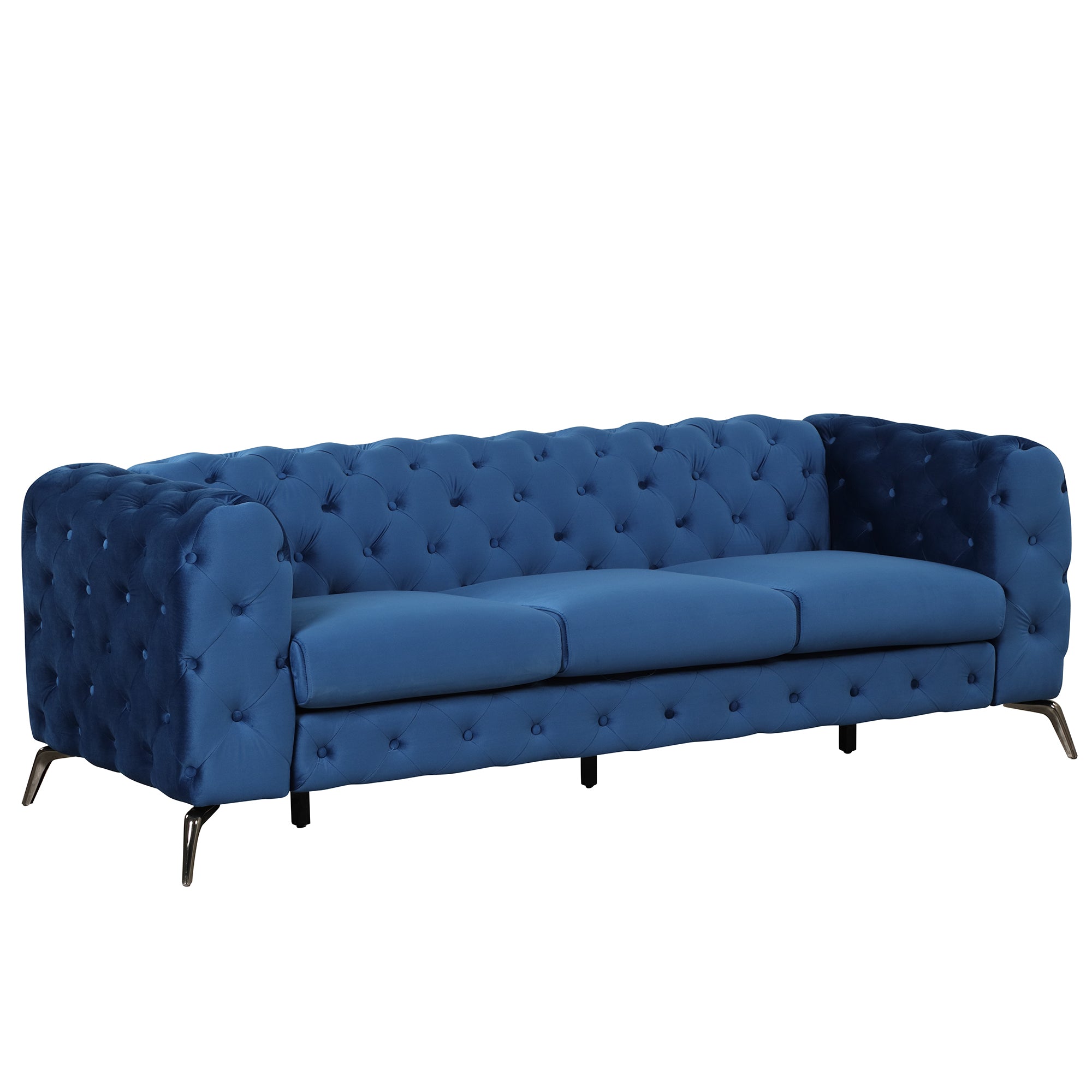 85.5" Velvet Upholstered Sofa With Sturdy Metal Legs,Modern Sofa Couch With Button Tufted Back, 3 Seater Sofa Couch For Living Room,Apartment,Home Office,Blue Blue Foam Velvet