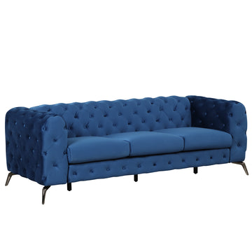 85.5" Velvet Upholstered Sofa With Sturdy Metal Legs,Modern Sofa Couch With Button Tufted Back, 3 Seater Sofa Couch For Living Room,Apartment,Home Office,Blue Blue Foam Velvet