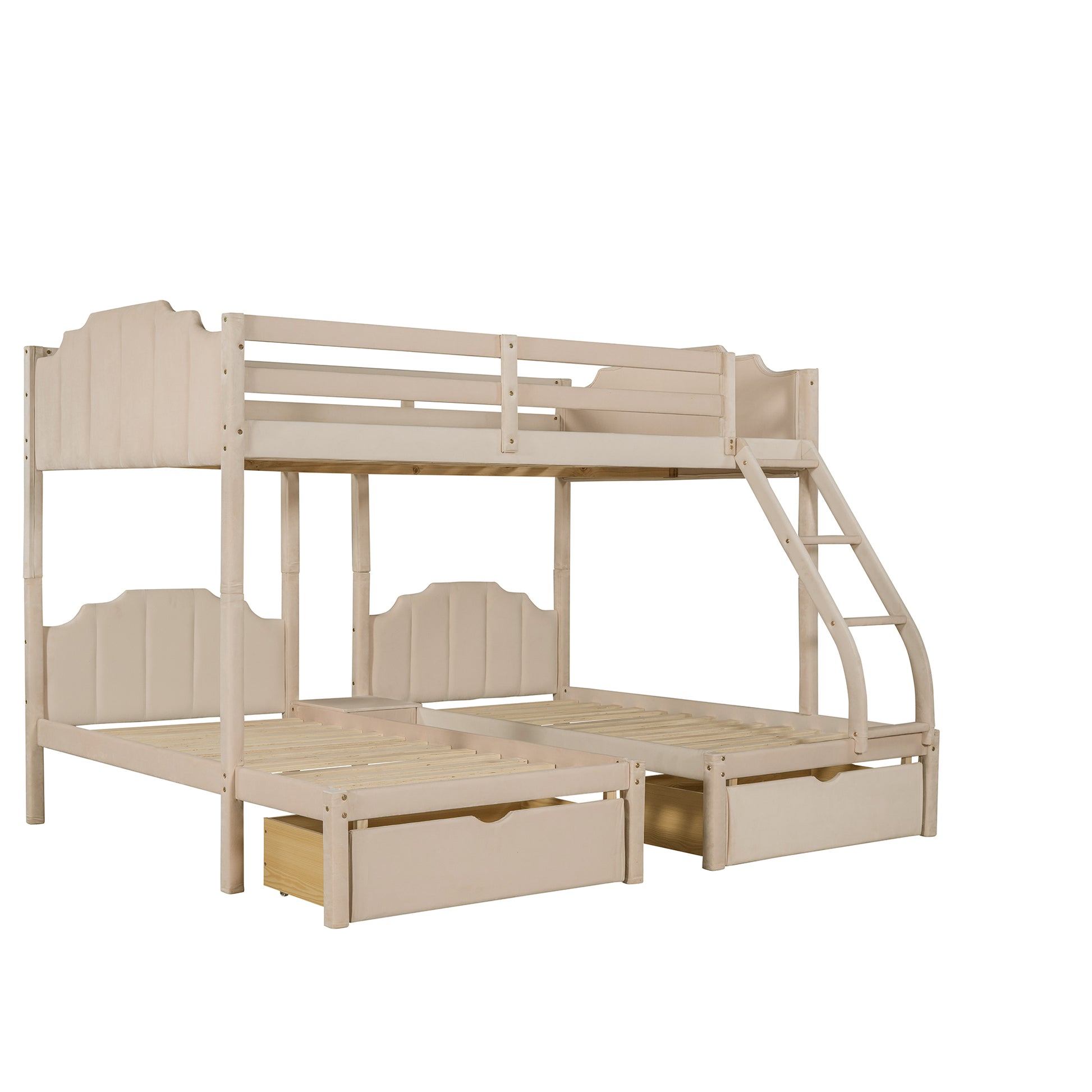 Full Over Twin & Twin Bunk Bed, Velvet Triple Bunk Bed With Drawers And Guardrails, Beige Beige Velvet