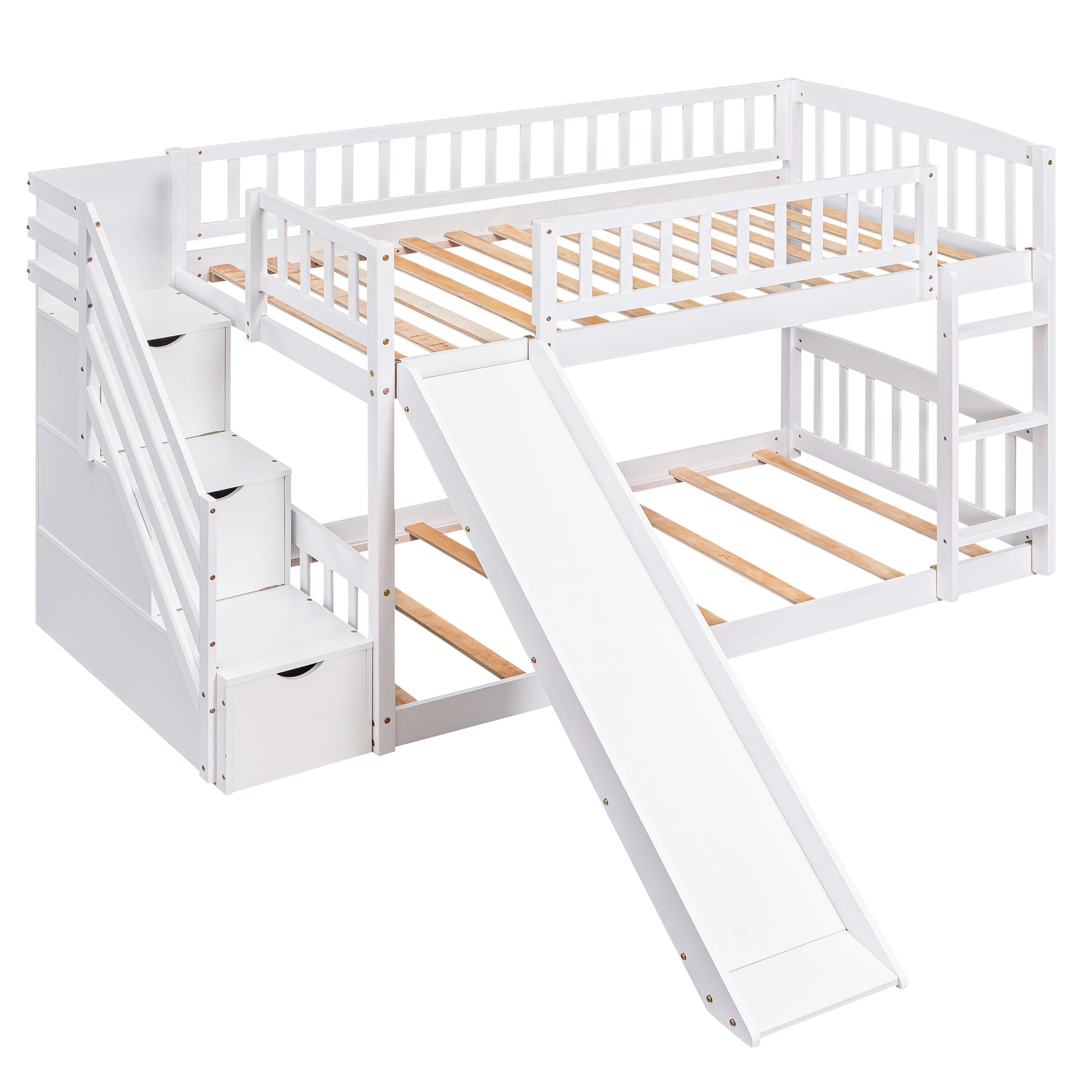 Stairway Twin Over Twin Bunk Bed With Two Drawers And Slide, White Old Sku :Lt000155Aak White Solid Wood