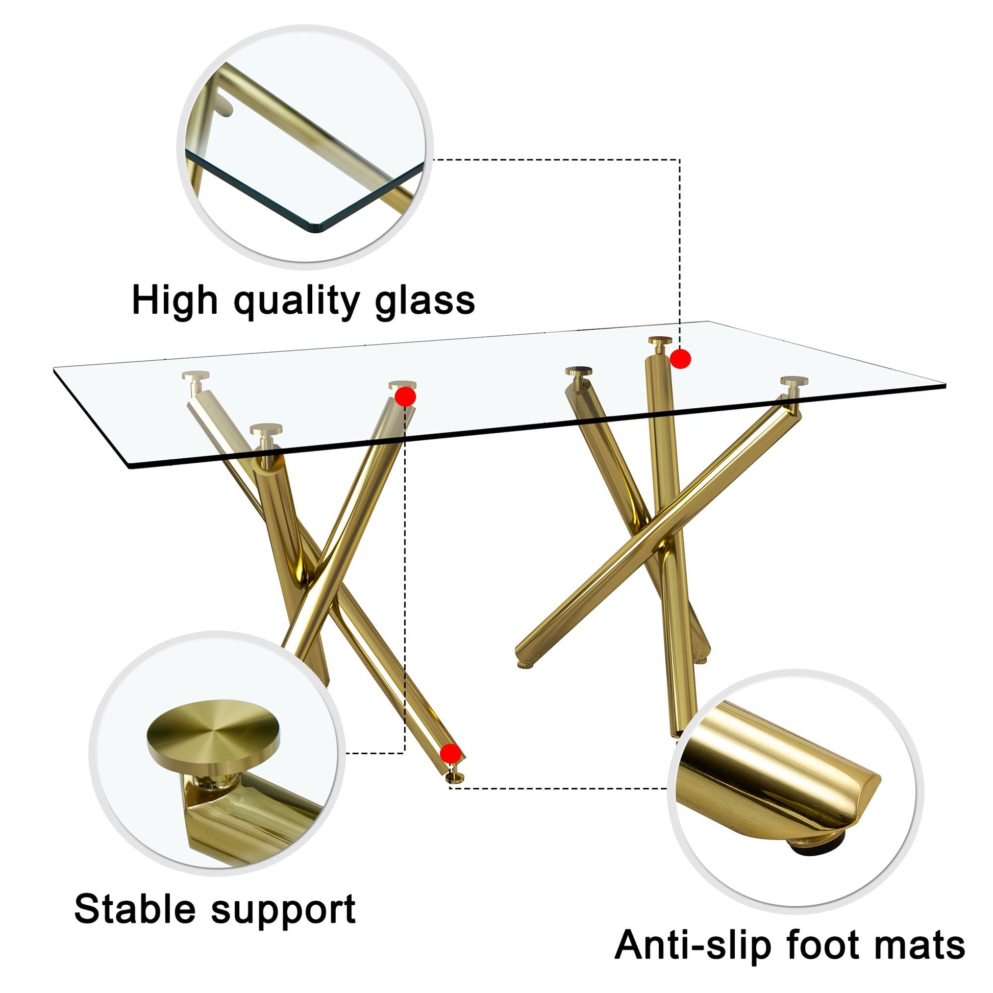 Large Modern Minimalist Rectangular Glass Dining Table For 6 8 With 0.39"Tempered Glass Tabletop And Golden Metal Legs,Kitchen Dining Living Meeting Room Banquet Hall, 71" X 35.4" X 30" 1538 Golden