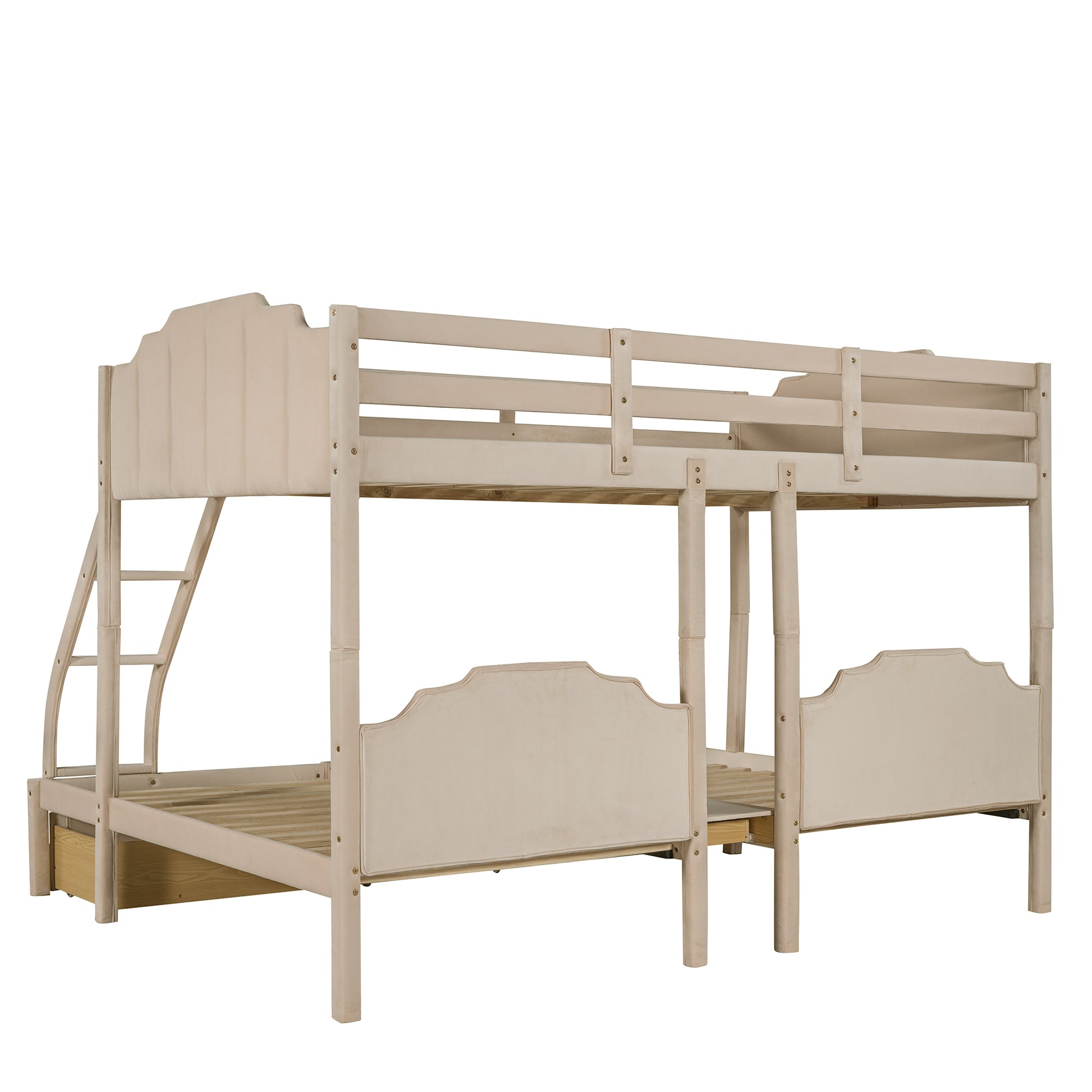 Full Over Twin & Twin Bunk Bed, Velvet Triple Bunk Bed With Drawers And Guardrails, Beige Beige Velvet