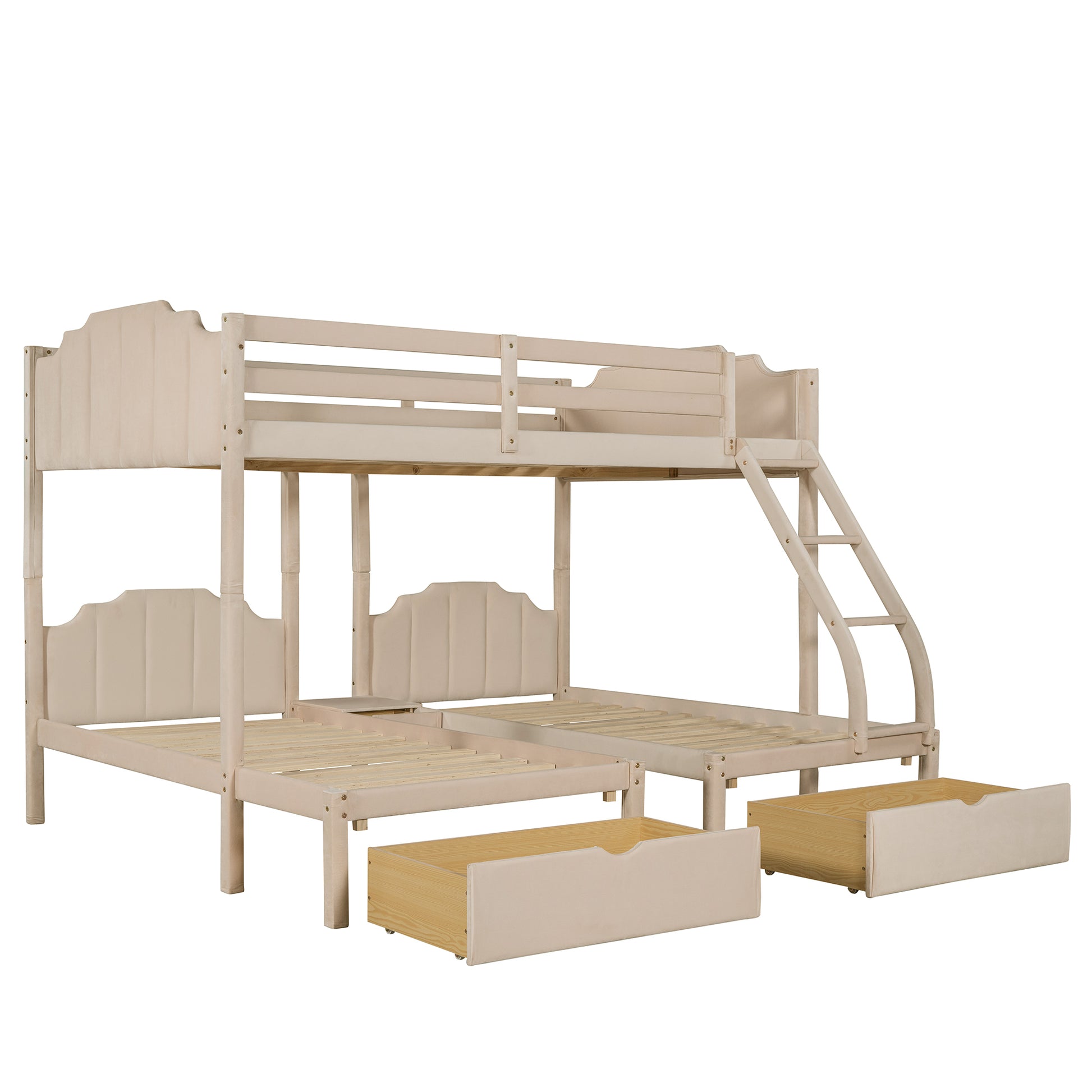 Full Over Twin & Twin Bunk Bed, Velvet Triple Bunk Bed With Drawers And Guardrails, Beige Beige Velvet