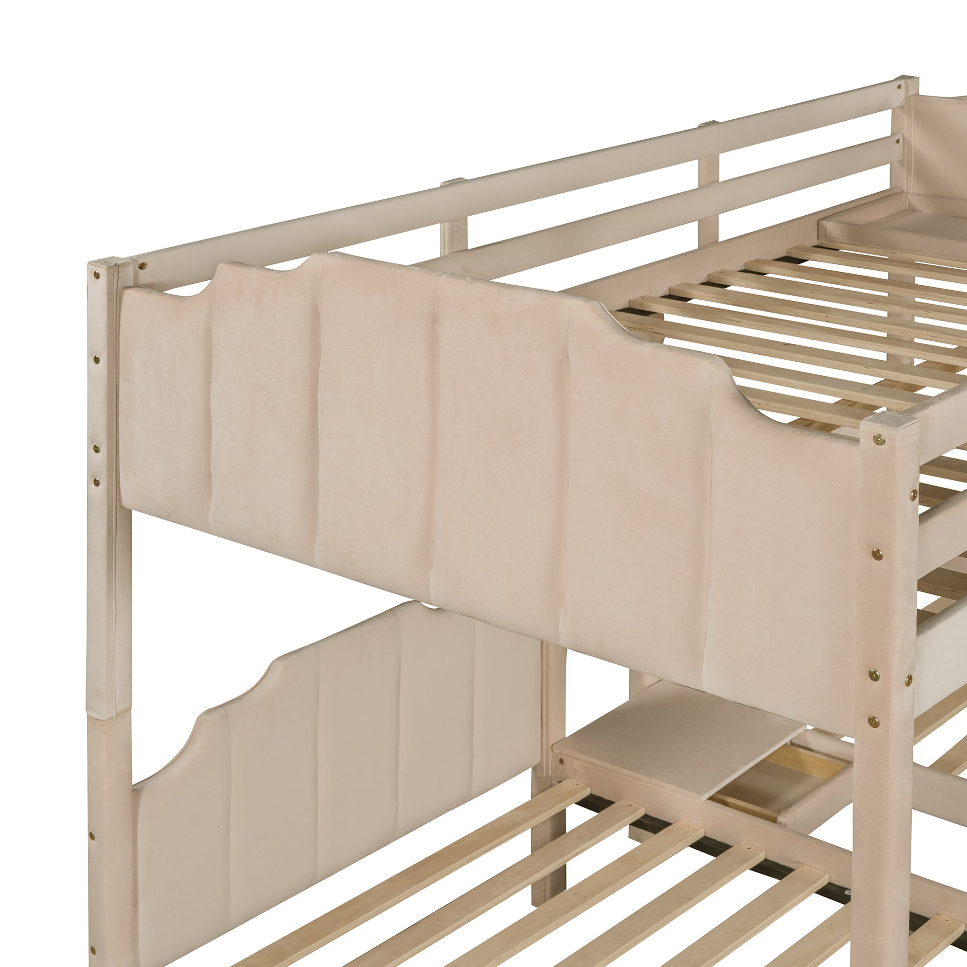 Full Over Twin & Twin Bunk Bed, Velvet Triple Bunk Bed With Drawers And Guardrails, Beige Beige Velvet