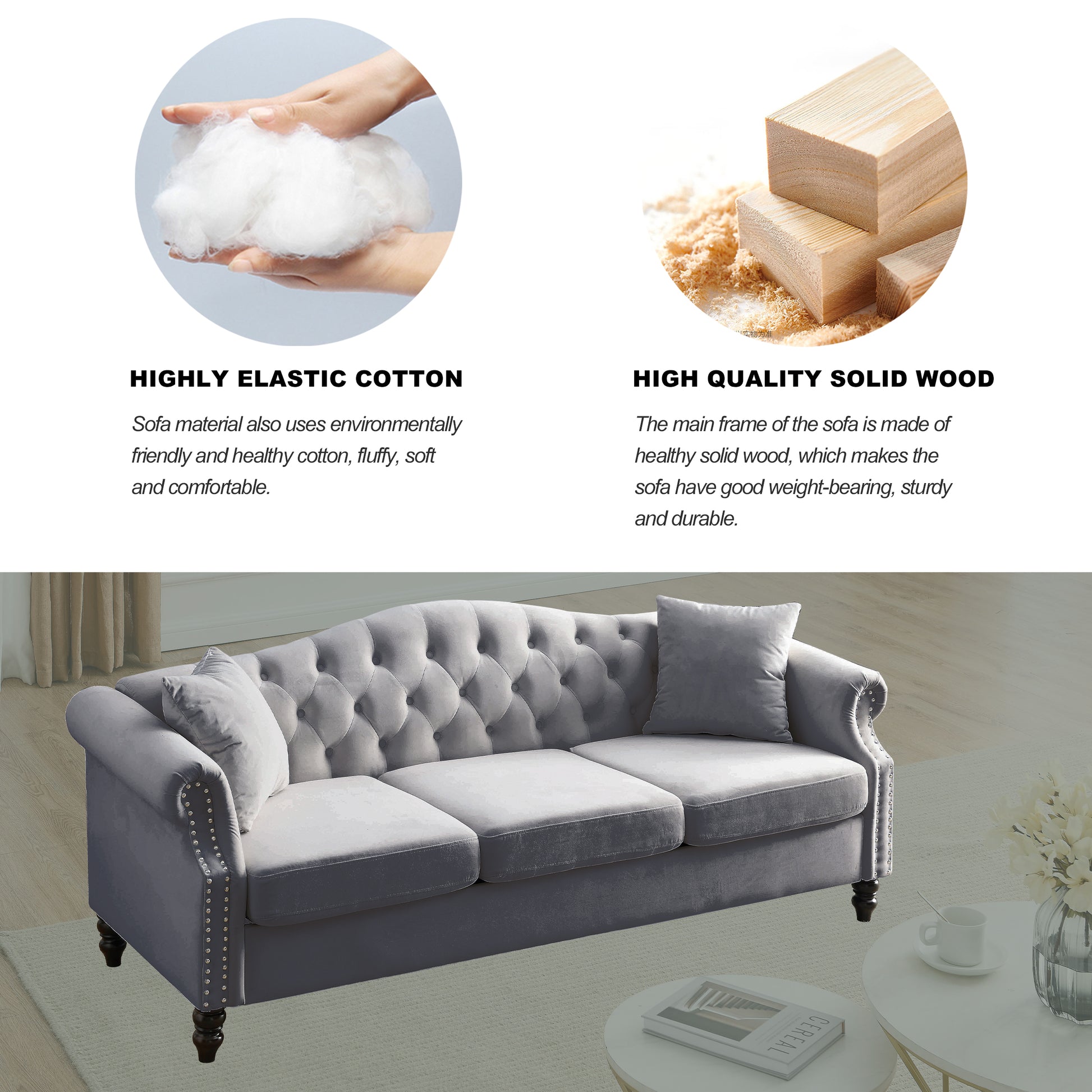 Video 79" Chesterfield Sofa Grey Velvet For Living Room, 3 Seater Sofa Tufted Couch With Rolled Arms And For Living Room, Bedroom, Office, Apartment, Two Pillowsw834S00012 Grey Foam Velvet