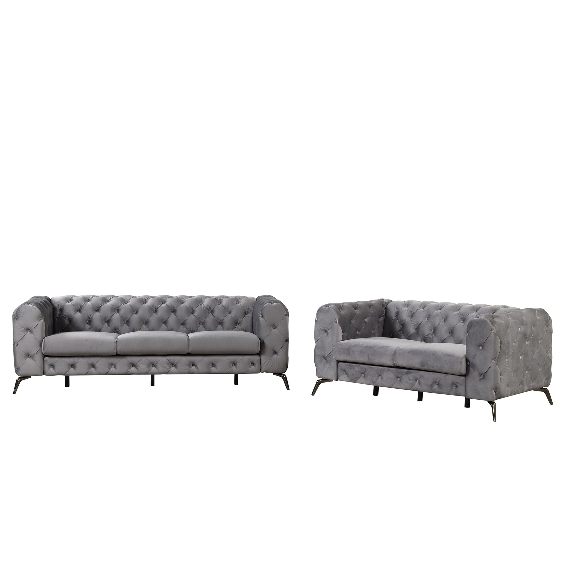 Modern 3 Piece Sofa Sets With Sturdy Metal Legs,Velvet Upholstered Couches Sets Including Three Seat Sofa, Loveseat And Single Chair For Living Room Furniture Set,Gray Gray Foam Velvet