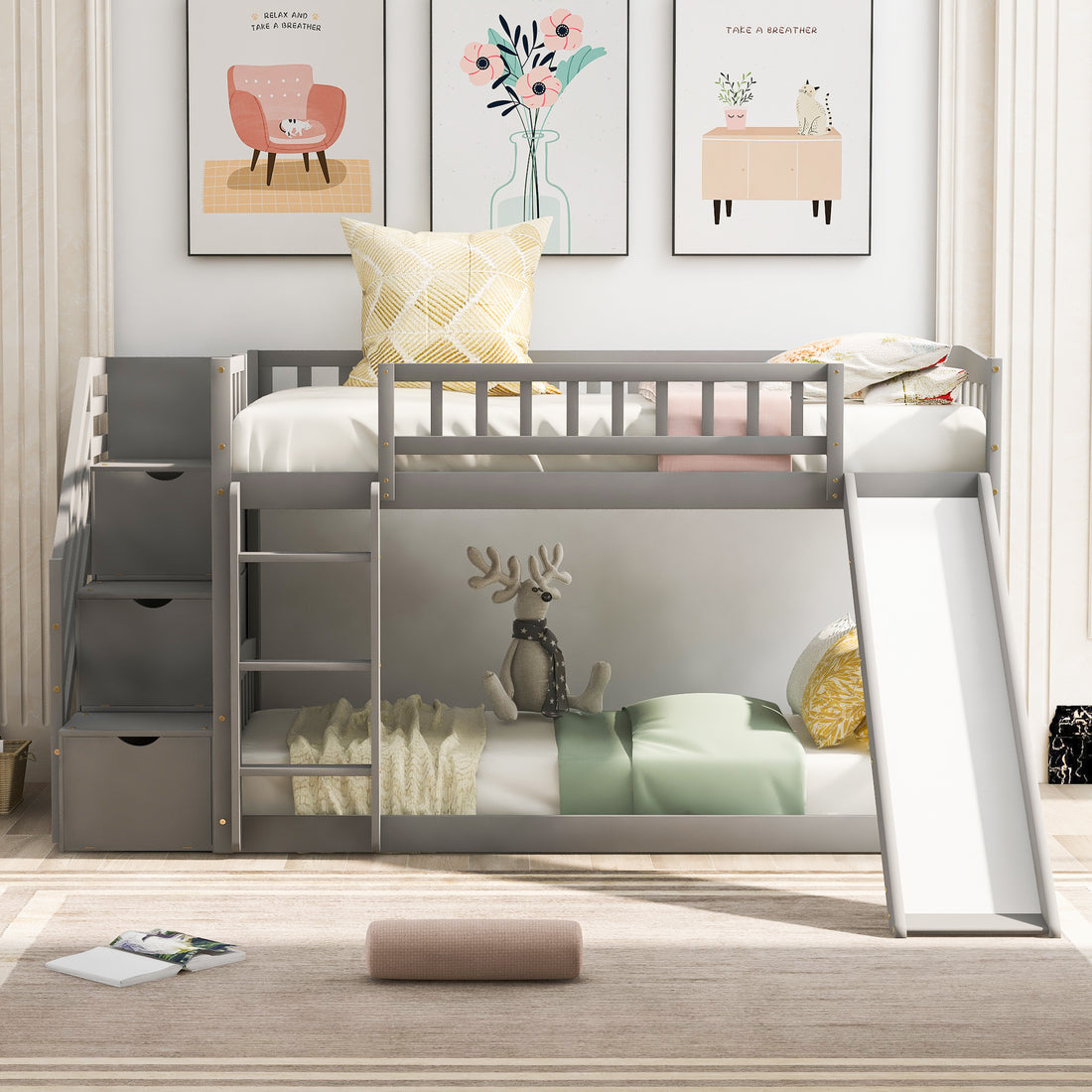 Stairway Twin Over Twin Bunk Bed With Two Drawers And Slide, Gray Old Sku :Lt000155Aae Gray Solid Wood